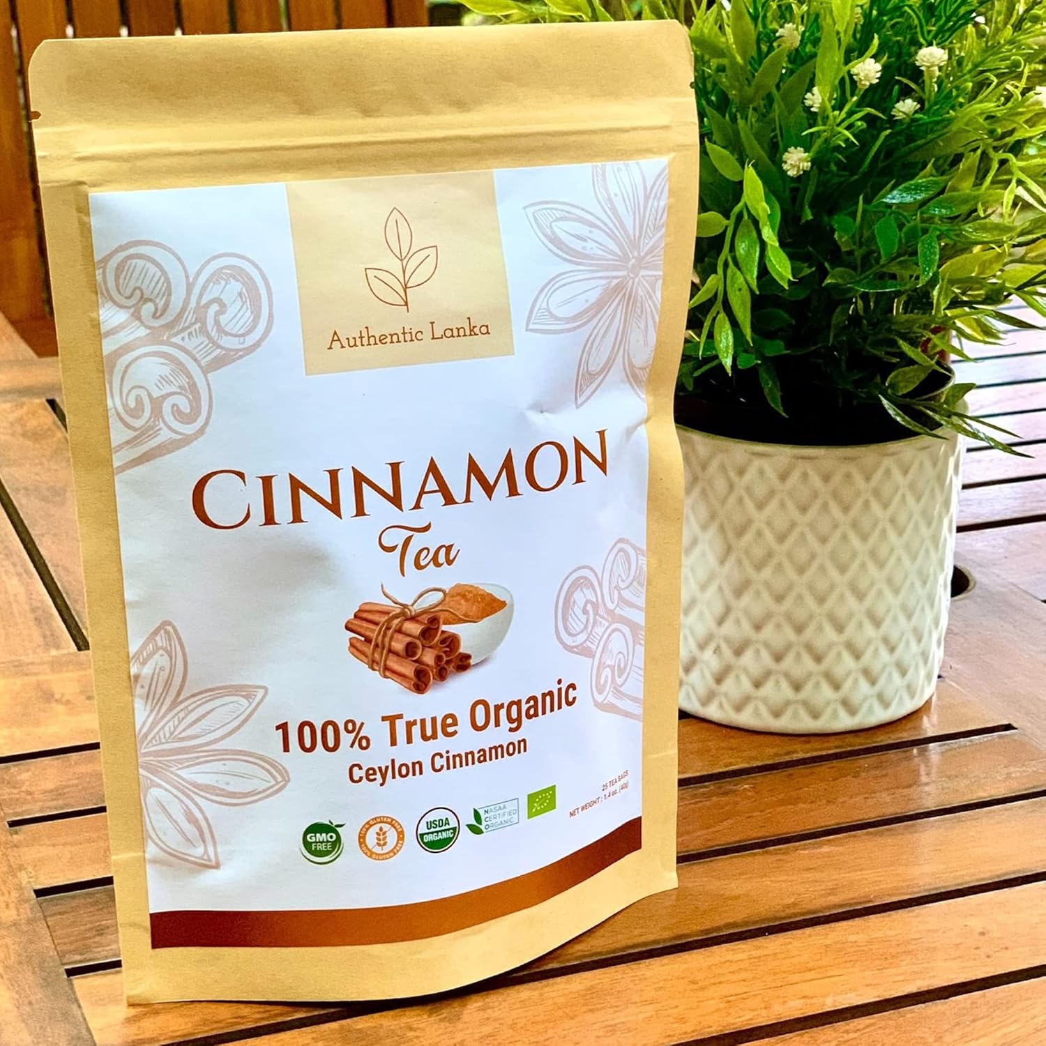 Authentic Lanka Té de canela de Ceilán, té de especias de hierbas, bebida orgánica de canela, paquete de 25 bolsas de té de canela auténtica de Sri