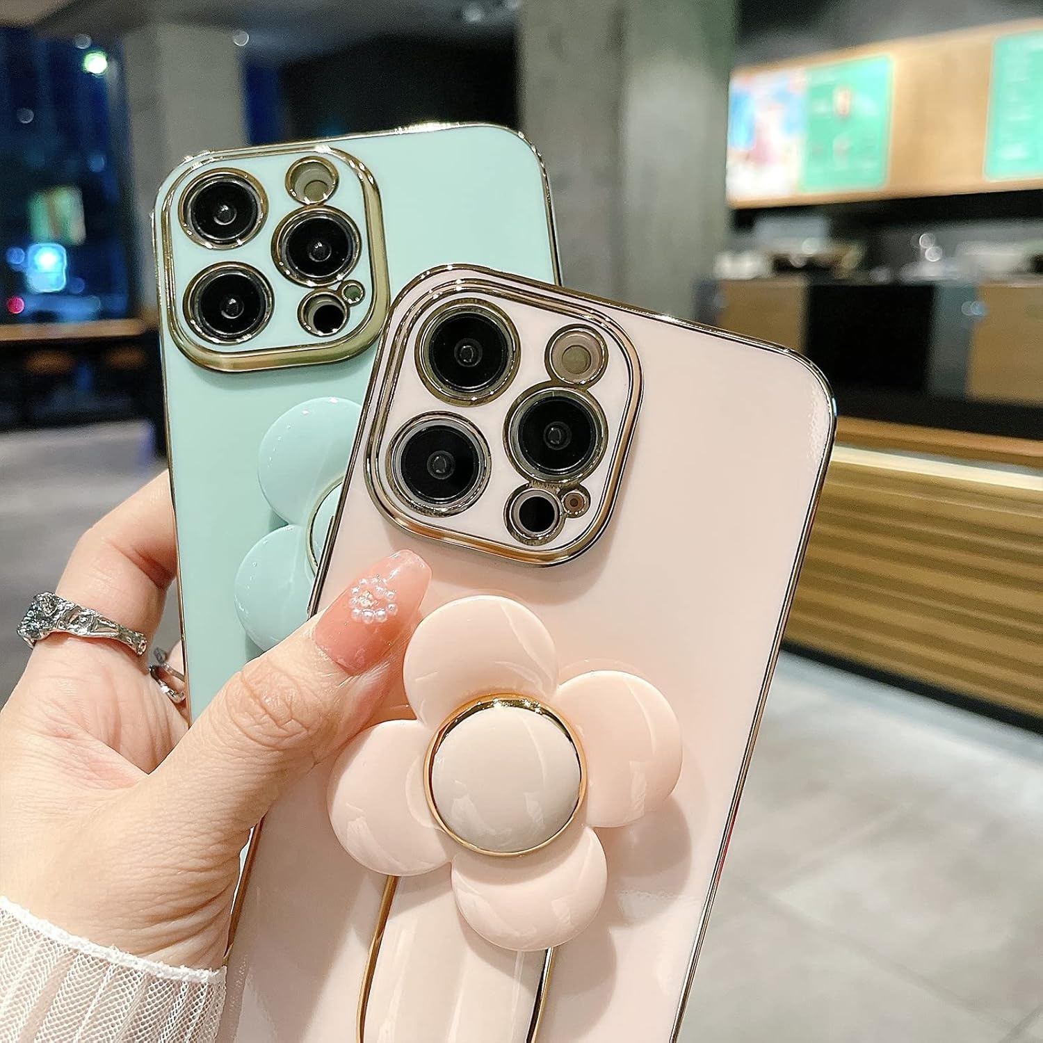 aowner Funda para iPhone 11 Pro Max, cubierta de lujo con soporte oculto, lindo molino de viento giratorio con diseño de flores para mujeres y niñas