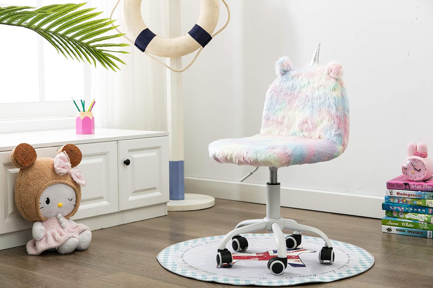 Guyou Silla de escritorio de estudio para niños, asientos de sudor, silla colorida para niños, linda silla giratoria con ruedas para computadora con
