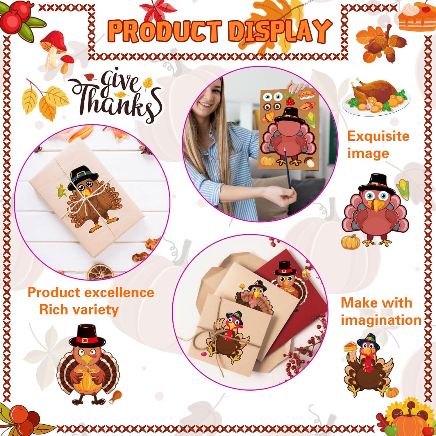 24 hojas de calcomanías Make-a-Turkey para fiestas de Acción de Gracias, suministros para niños, juegos de pavo, manualidades, calcomanías de otoño,