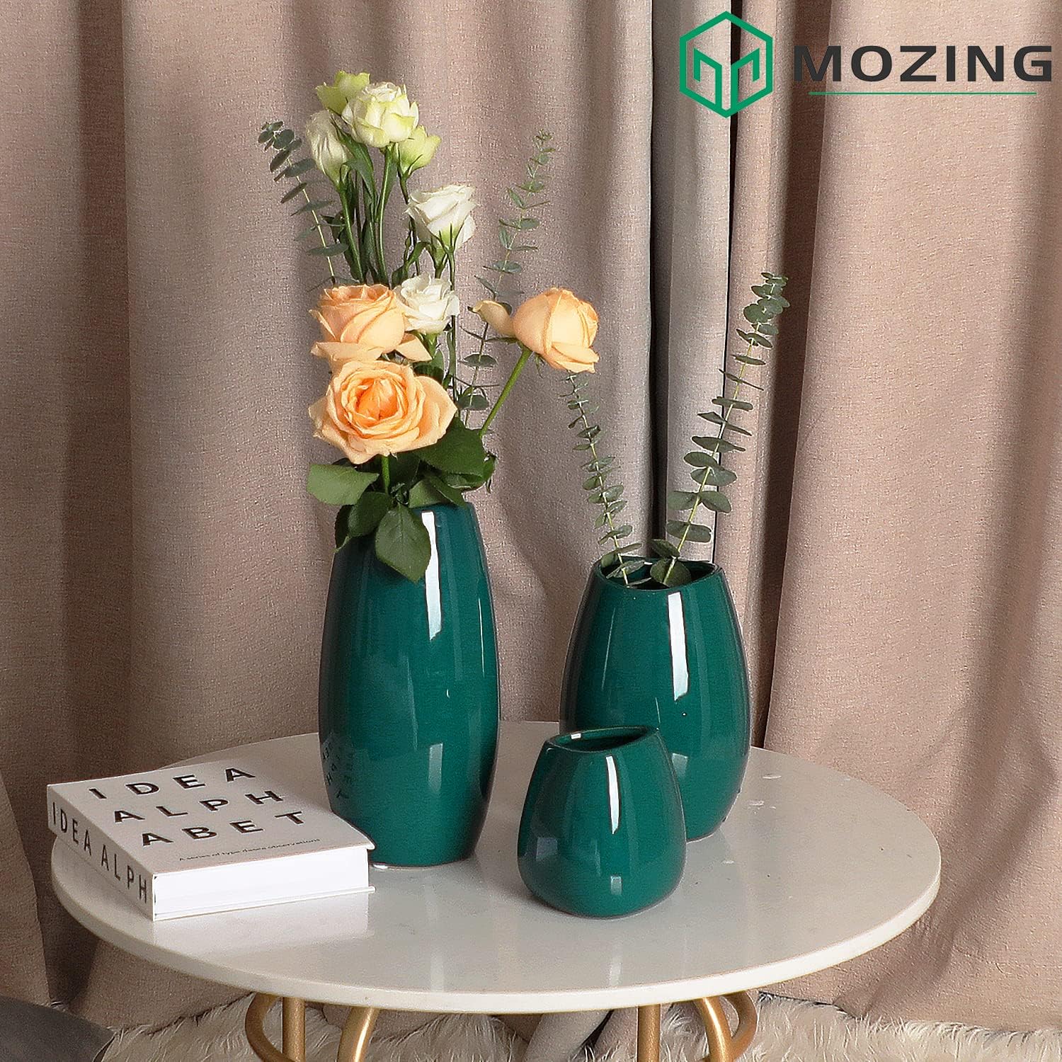 Mozing Juego de jarrones de flores verdes, moderno jarrón de cerámica para decoración del hogar, jarrones altos decorativos para flores, estante,