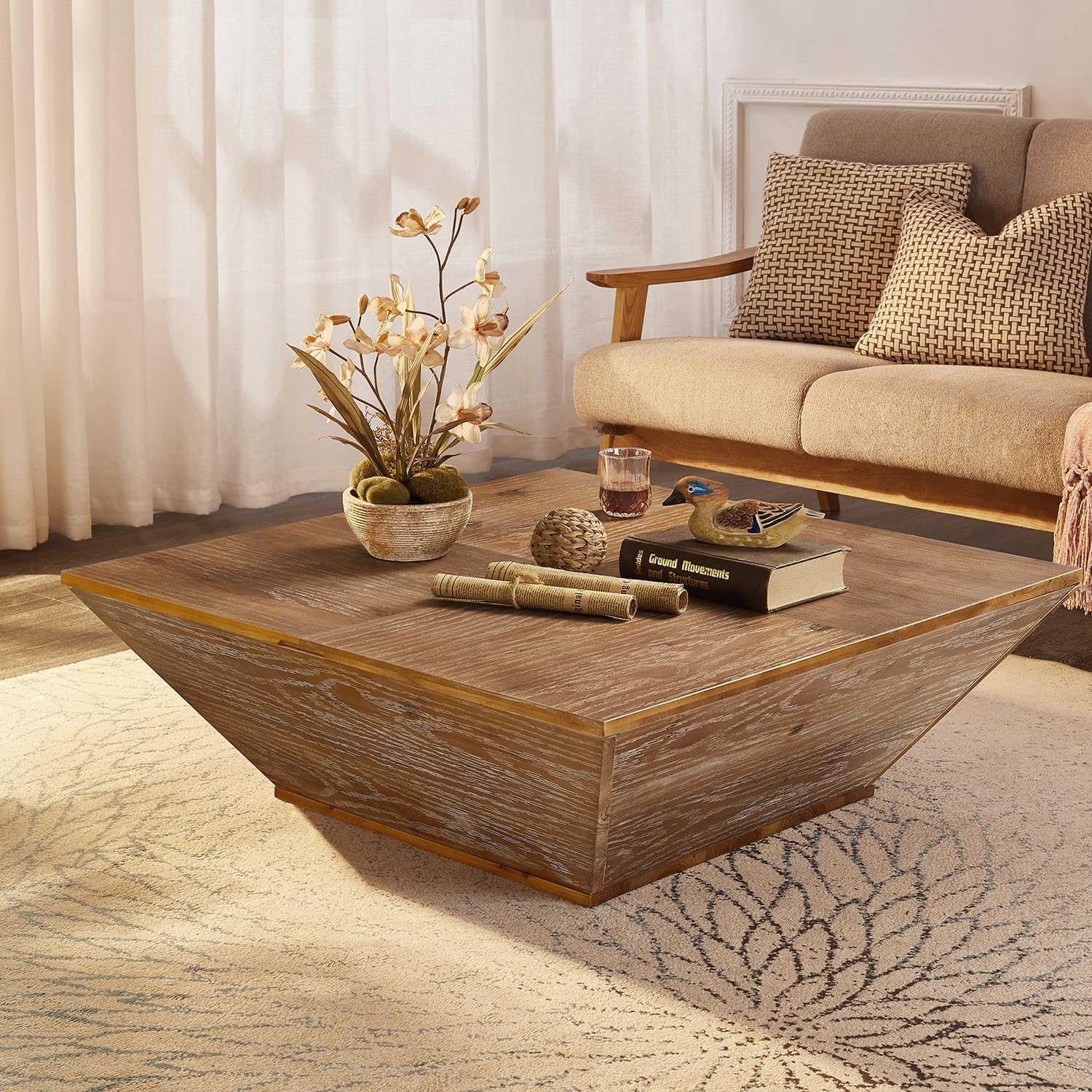 Mesas de centro cuadradas grandes para sala de estar con almacenamiento, diseño de concha cónica de madera maciza con varillas de soporte, fáciles