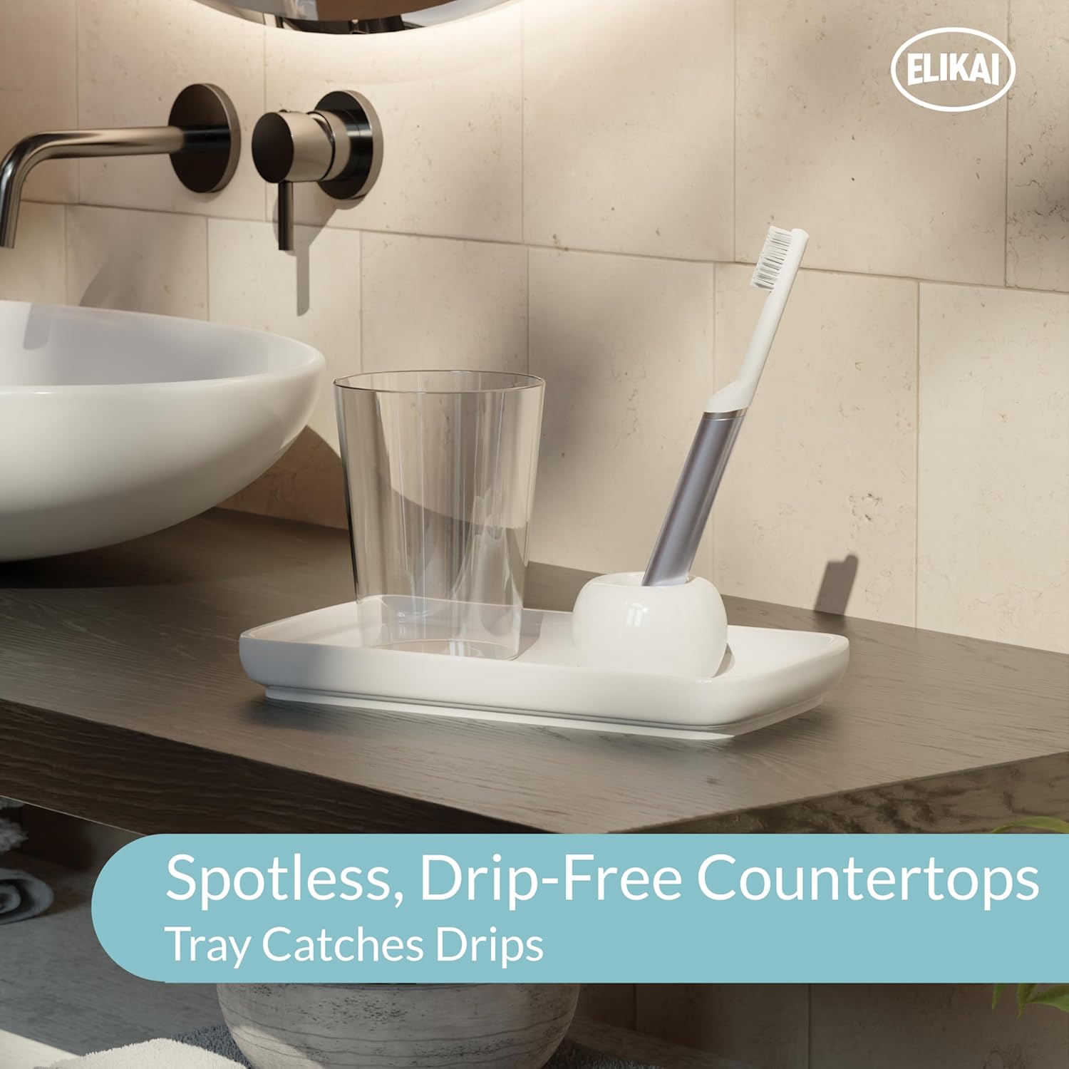 Soporte de cerámica para cepillos de dientes con bandeja para encimera de baño, soporte pequeño para cepillos de dientes con soporte para pasta de