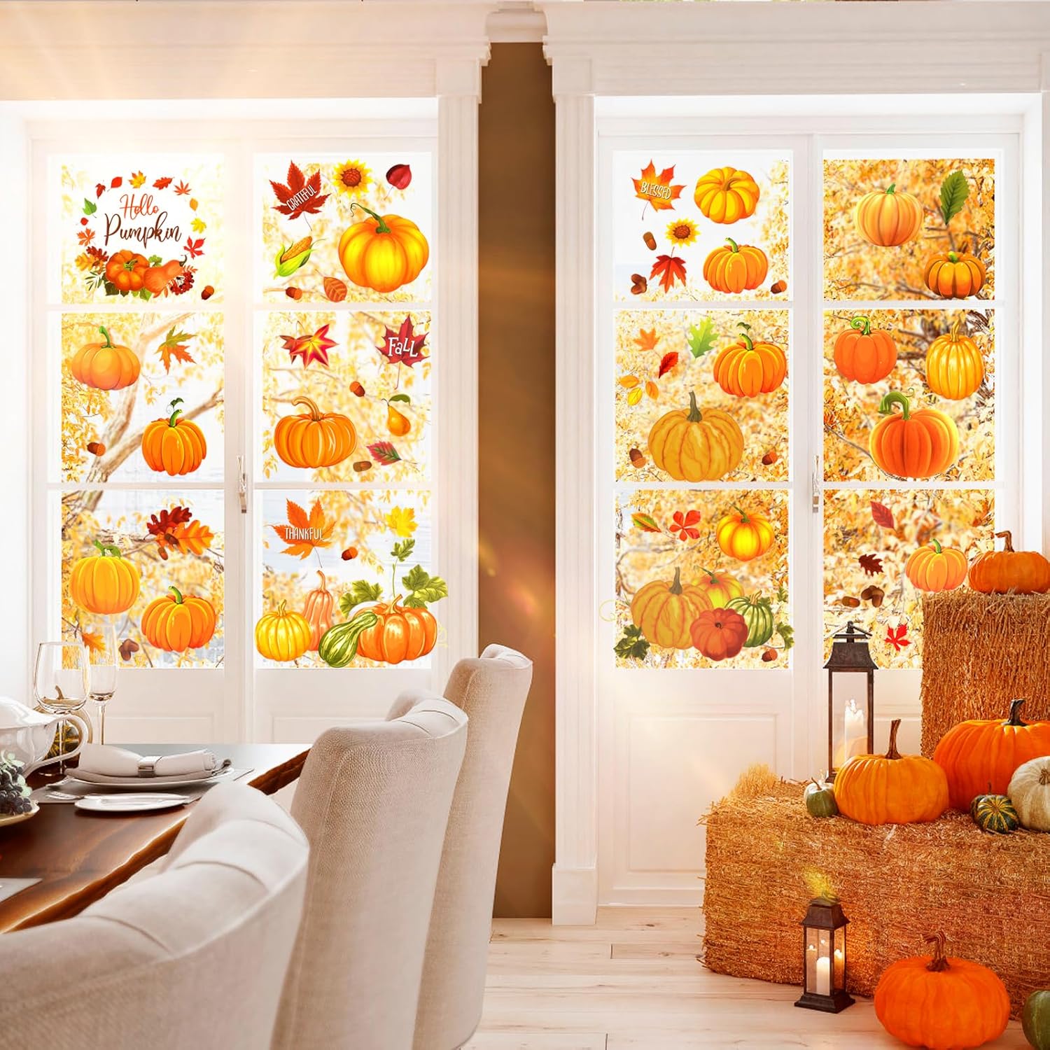 HOWAF Decoraciones de calabaza de Acción de Gracias, 9 hojas de calcomanías de ventana de doble cara de Hello Pumpkin para otoño, cosecha de Acción