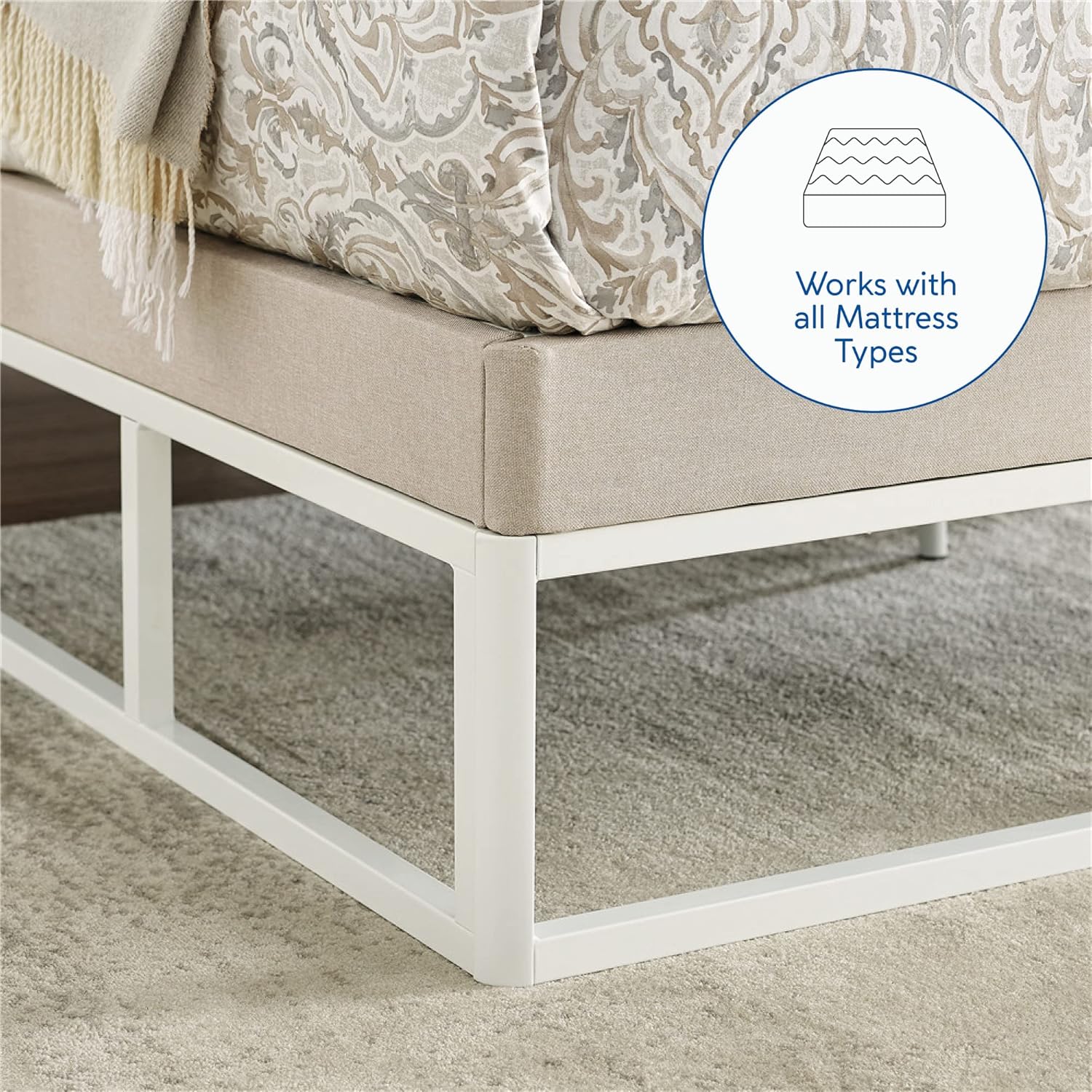 Classic Brands Capri – Base de cama con plataforma de metal blanco con base de colchón tapizada beige integrada, tamaño Queen