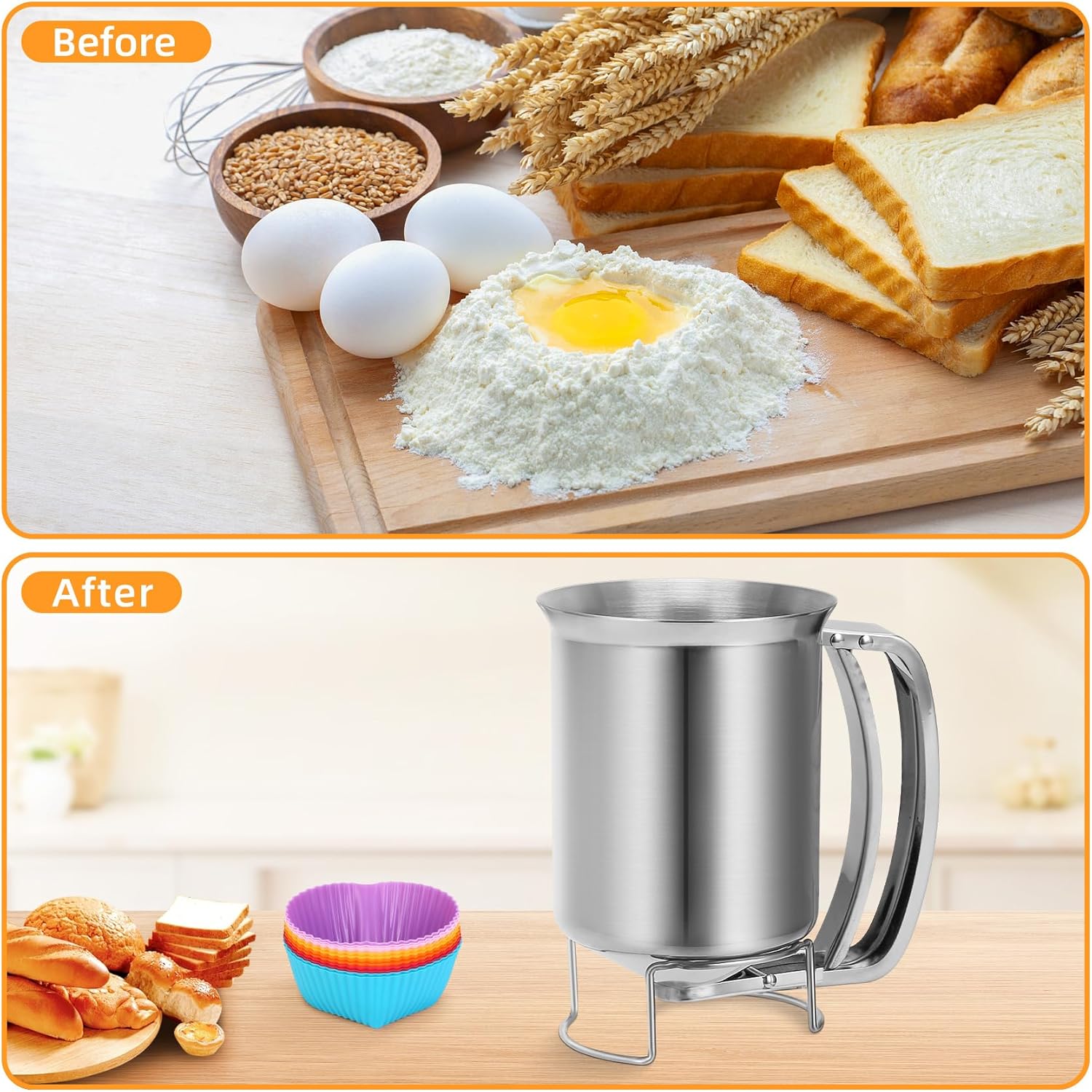 Houzemann Dispensador de masa de acero inoxidable 2 en 1 de 27.1 fl oz con mango para apretar, vertedor de panqueques irrompible, herramienta de