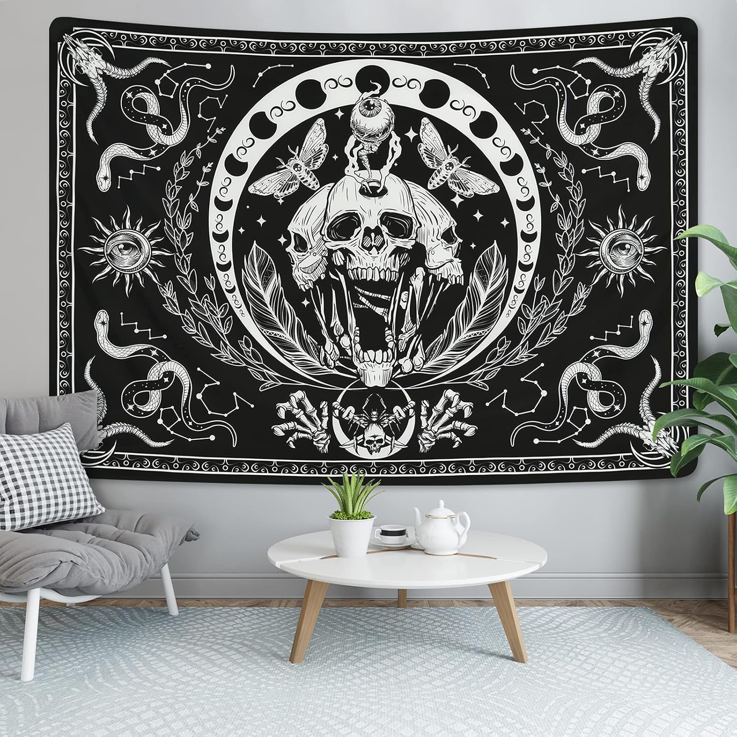 Krelymics Tapiz de calavera blanco y negro, tapiz de serpiente, tapiz de polilla, tapiz de esqueleto trippy, mandala de fase lunar, tapiz para