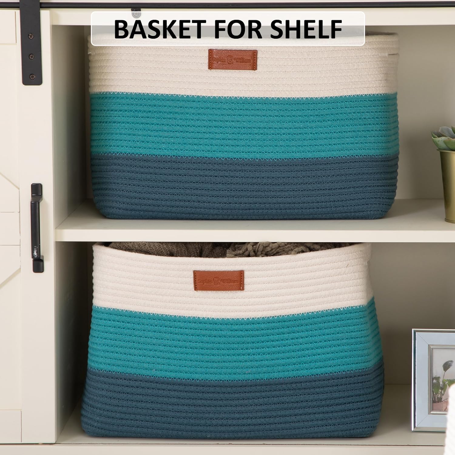 PHI VILLA Large Cotton Rope Basket, Woven Nursery Laundry Blanket Basket Toy Basket with Handles for Storage, Living Room, 15 x 10 x 8 inches,