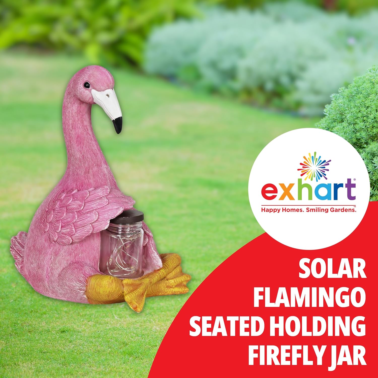 Exhart Escultura de jardín, estatua de jardín de flamenco rosa solar, tarro de 8 luces LED de luciérnaga, decoración de jardín al aire libre, 8 x