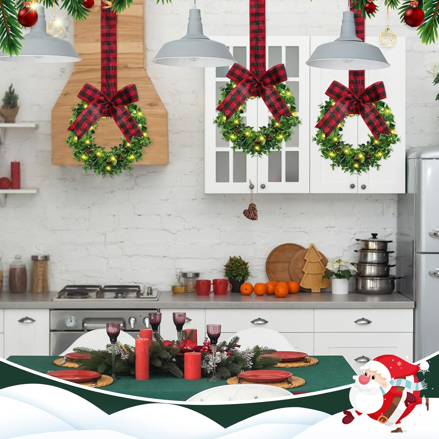 12 coronas de boj con lazo, corona de Navidad con luces LED, corona de Navidad sintética con bayas rojas, corona colgante artificial para decoración