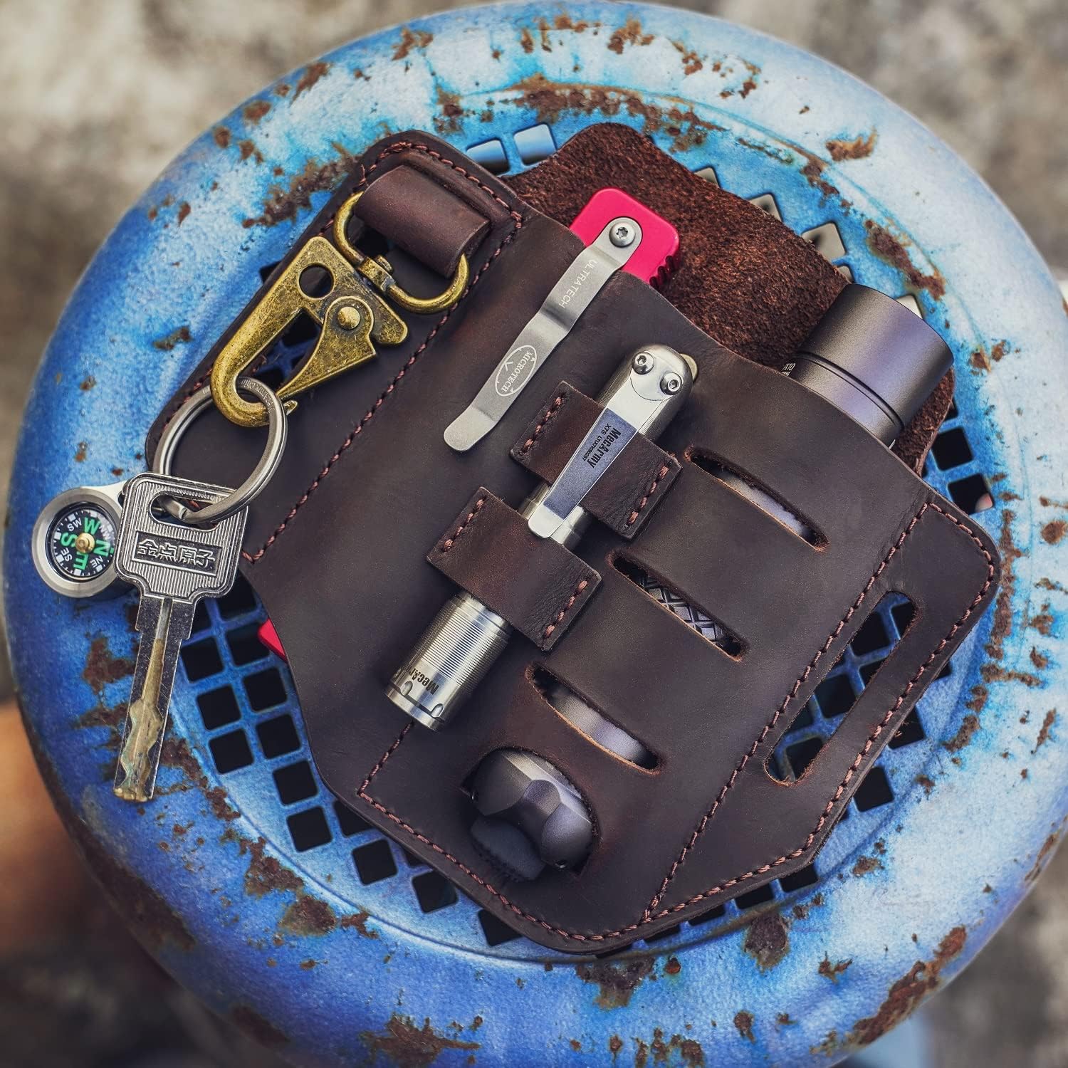 VIPERADE PJ13 Funda multiherramienta de cuero para cinturón, organizador de cinturón EDC de cuero para multiherramientas, linterna, bolígrafo, funda