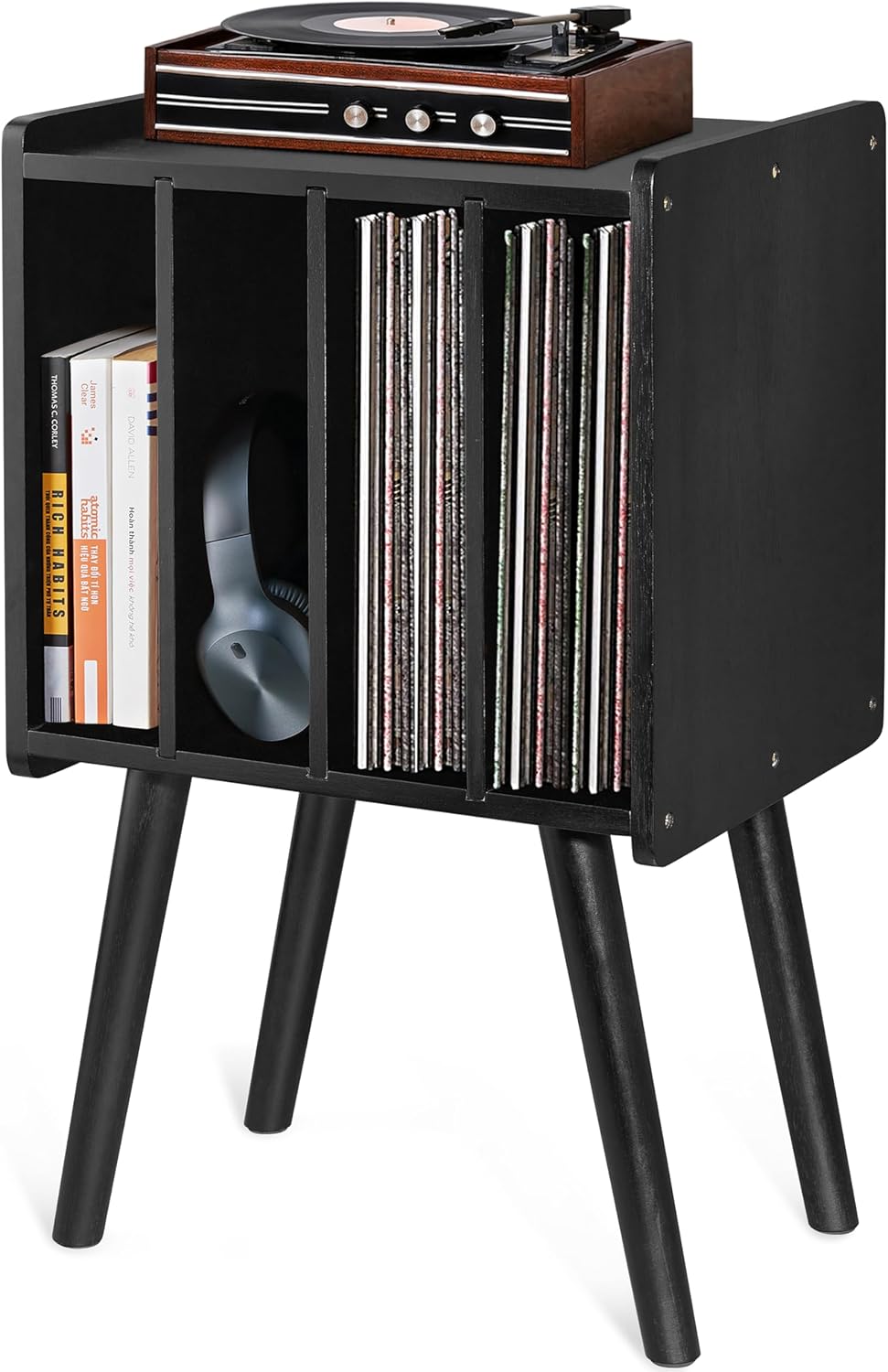 2BHOME Soporte de madera para tocadiscos, con capacidad para 100 LPs, soporte organizador de discos de vinilo de acacia natural con diseño moderno