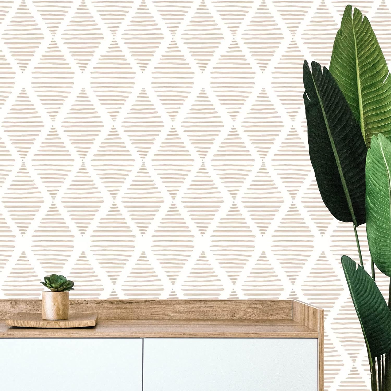 Yun-aeon Papel tapiz de rayas blancas y beige, 17.7 x 240 pulgadas, moderno papel de contacto de diamante geométrico extraíble, papel tapiz