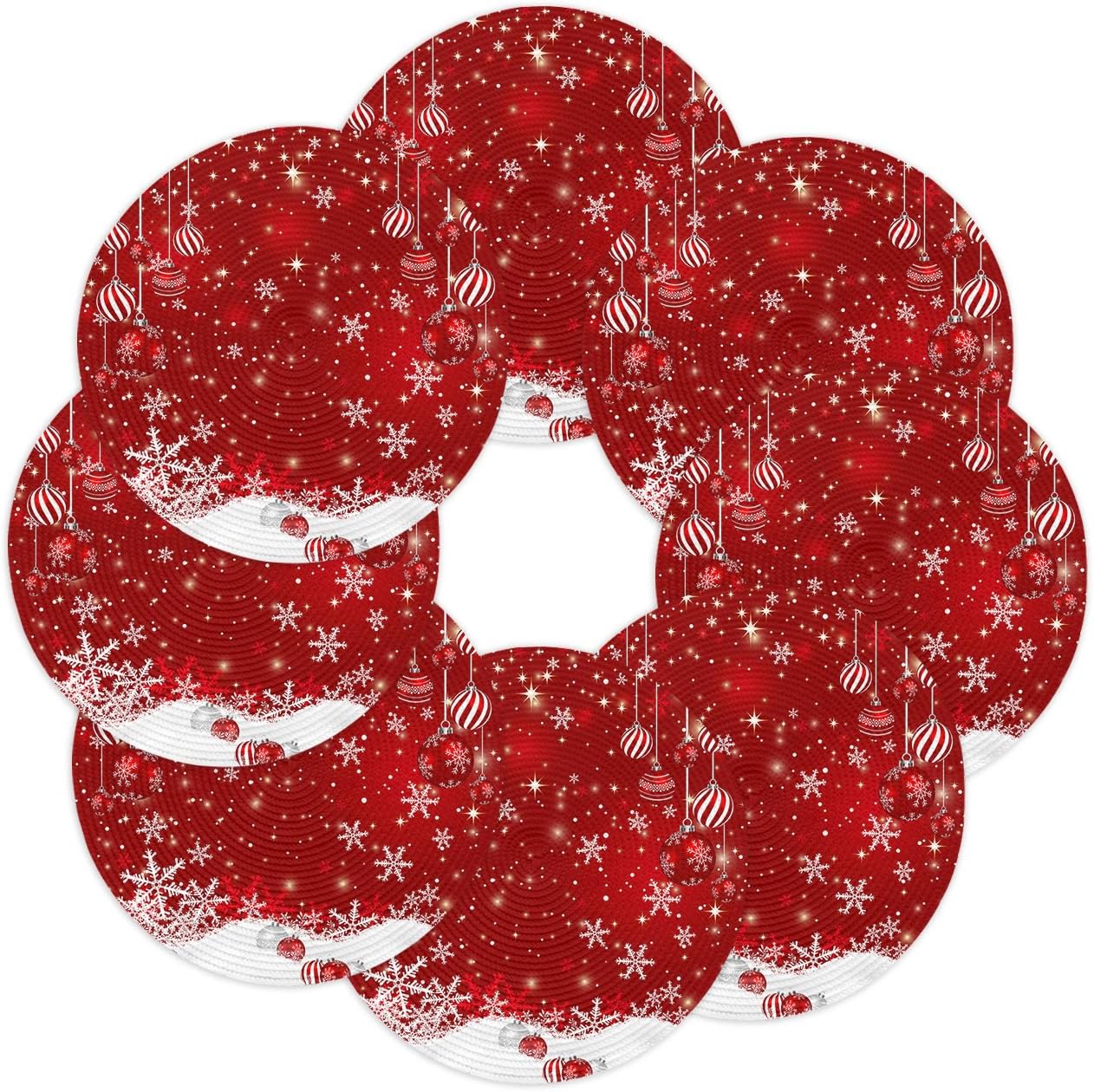 Juego de 8 manteles individuales redondos de Navidad, diseño de copos de nieve, lavables, trenzados, redondos, para mesas de comedor, decoración de