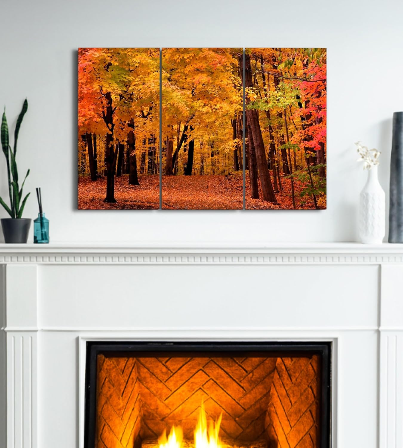 Decoración artística de pared de bosque, juego de 3 piezas, decorativo enmarcado para otoño, árbol, lienzo, múltiples paneles divididos para sala de