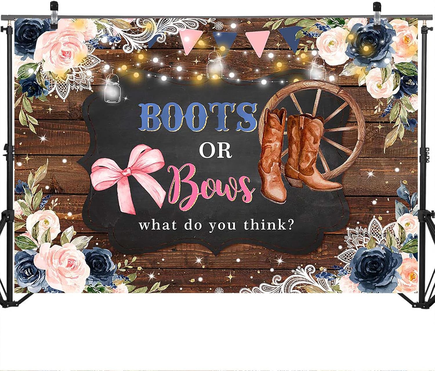 Mocsicka Fondo para revelación de género, botas o lazos, de madera rústica, floral, decoración de fiesta de baby shower, fondo de revelación de