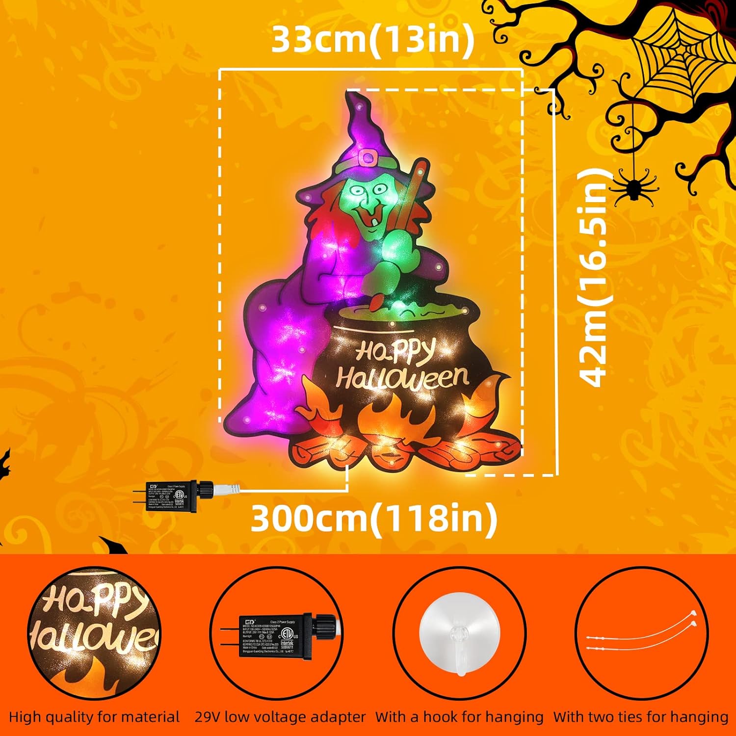 Decoración de silueta de ventana de Halloween con 20 luces LED, decoración de Halloween (bruja)