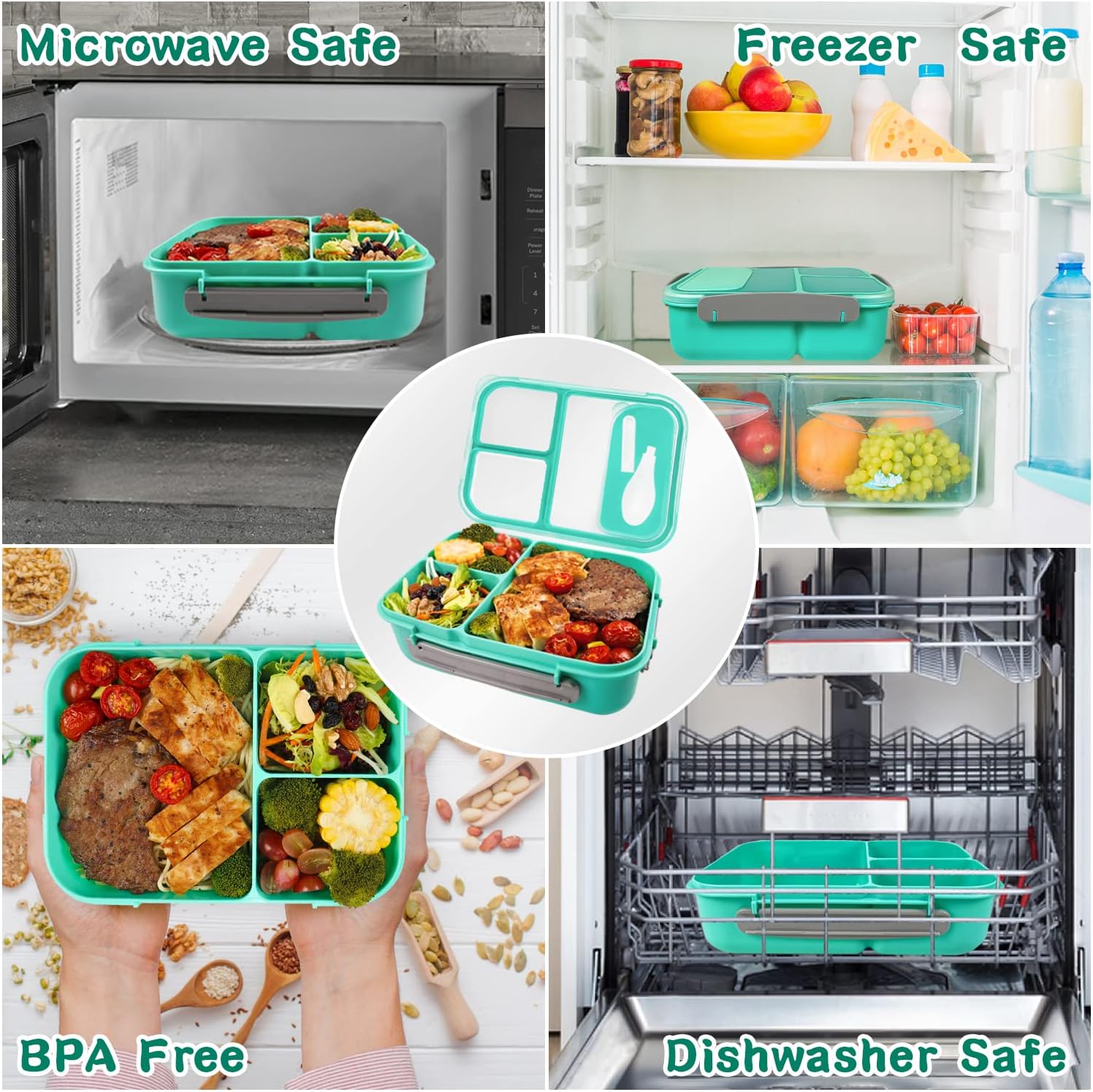 FITHOME Lonchera Bento a prueba de fugas con compartimentos y tenedor incluidos, lonchera reutilizable duradera para adultos, tamaño perfecto para