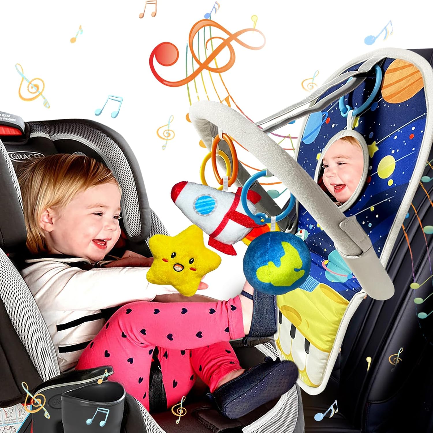 Juguetes de asiento de automóvil para bebés de 6 meses en adelante, juguetes de asiento de automóvil con piano de pedal musical, espejo de bebé y