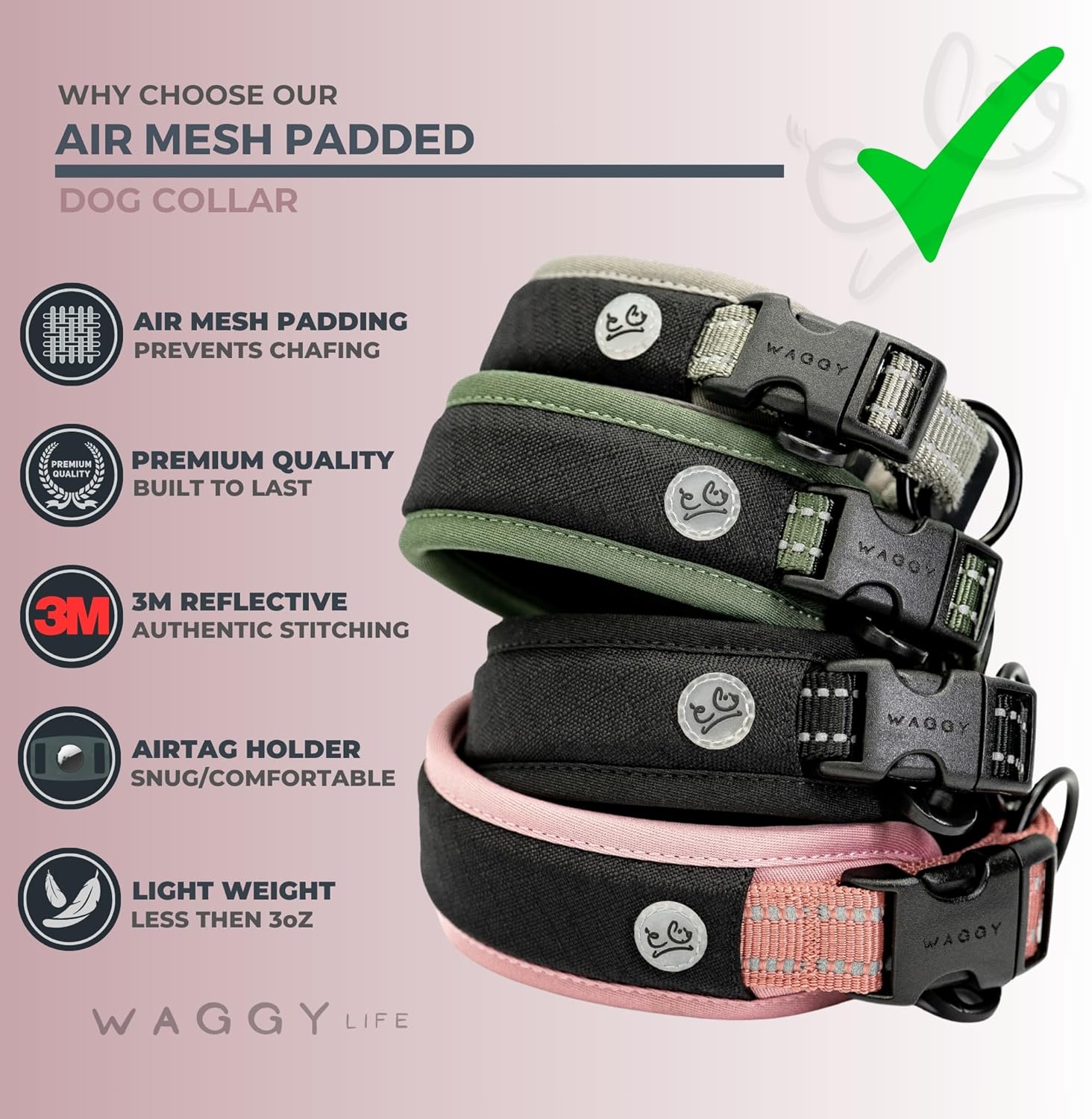 Collar de perro de alta calidad, soporte para Airtag de Apple, ajustable, resistente, reflectante 3M, sin rozaduras, malla de aire ultra suave,