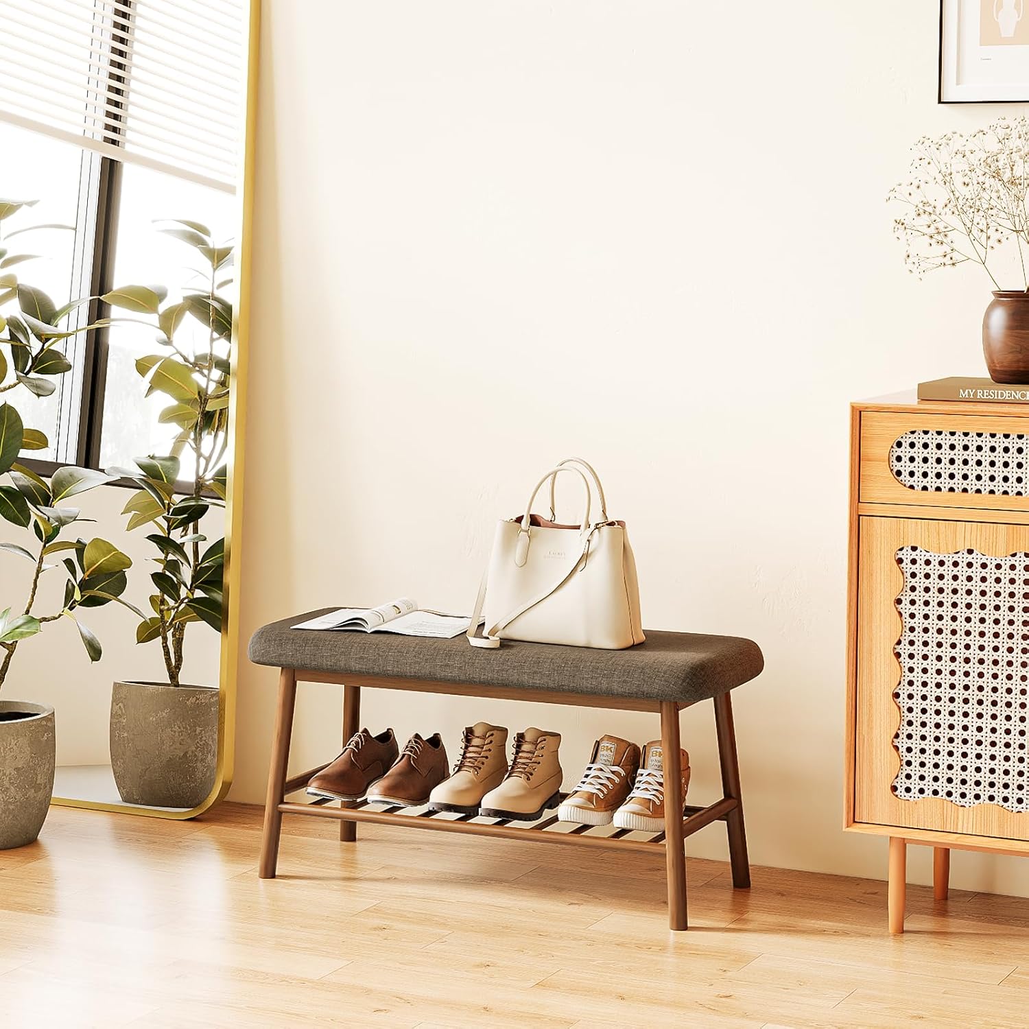 Bamworld Banco de zapatos para entrada, banco de bambú de 2 niveles con bancos de almacenamiento de cojines para dormitorio, sala de estar, interior