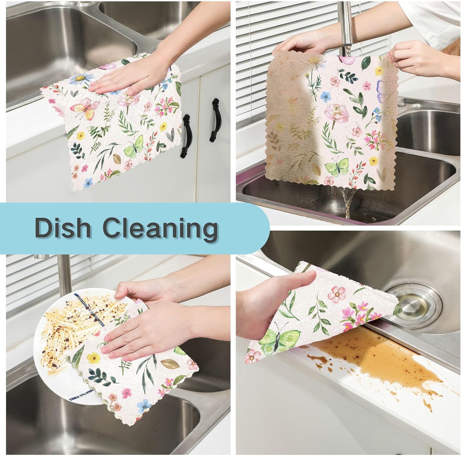 Spring Wildflowers Leaf Butterfly Quality Decor Microfiber Dish Drying Towel Fast Drying 6 Pack Rags for Bathroom Coffee