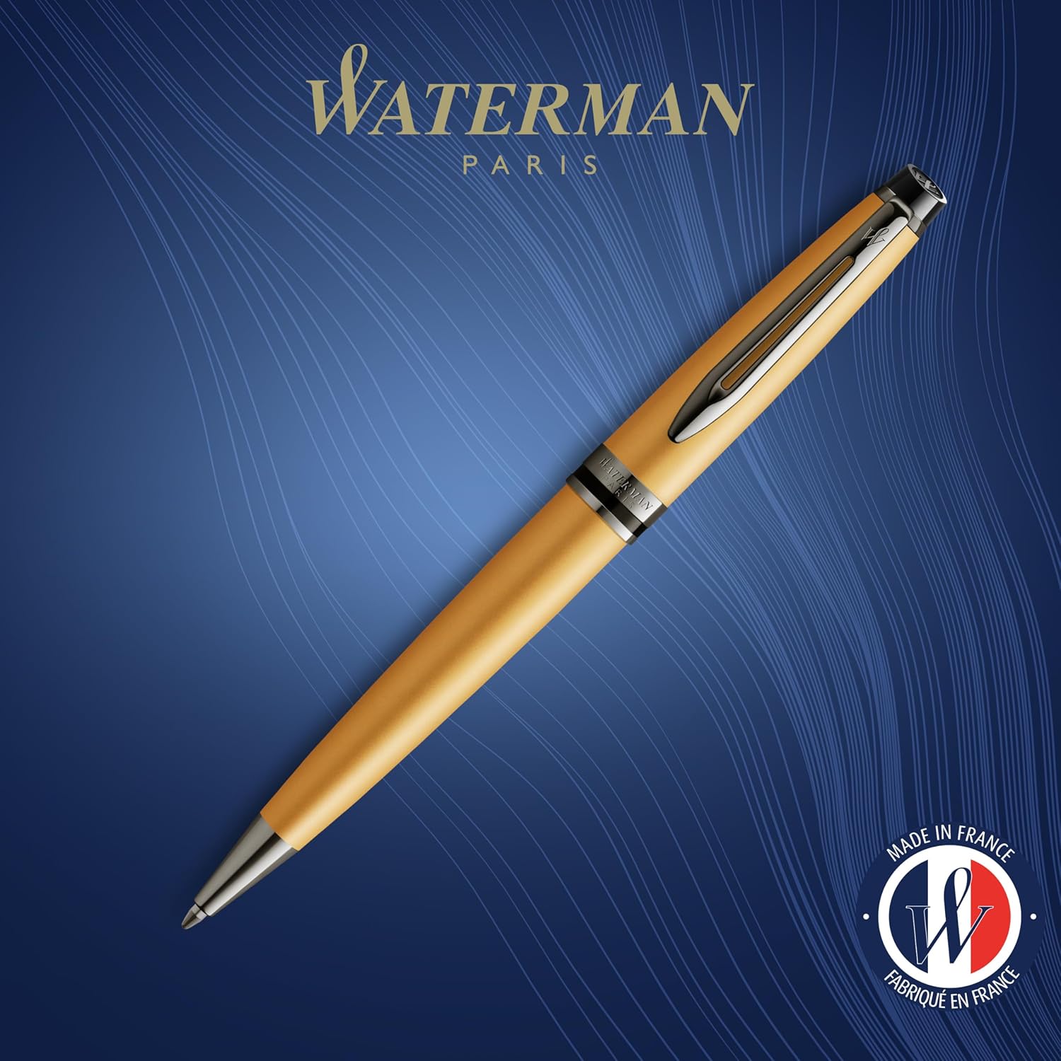 Waterman Bolígrafo Expert  Laca dorada metálica con ribete de rutenio  Punta media  Tinta azul  Con caja de regalo