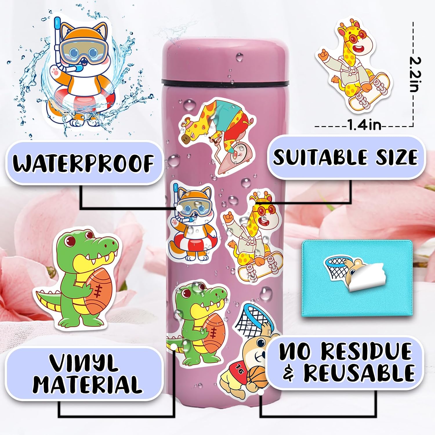 200 calcomanías de animales deportivos lindos para niños, calcomanías de animales Kawaii para botellas de agua, calcomanías de vinilo impermeables