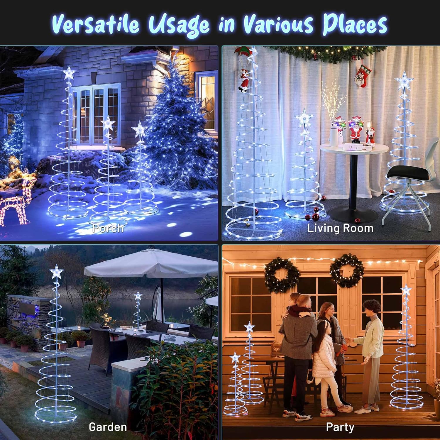 Juego de 3 luces LED en espiral para árbol de 6 pies, 4 pies, 3 pies, decoración navideña alimentada por USB