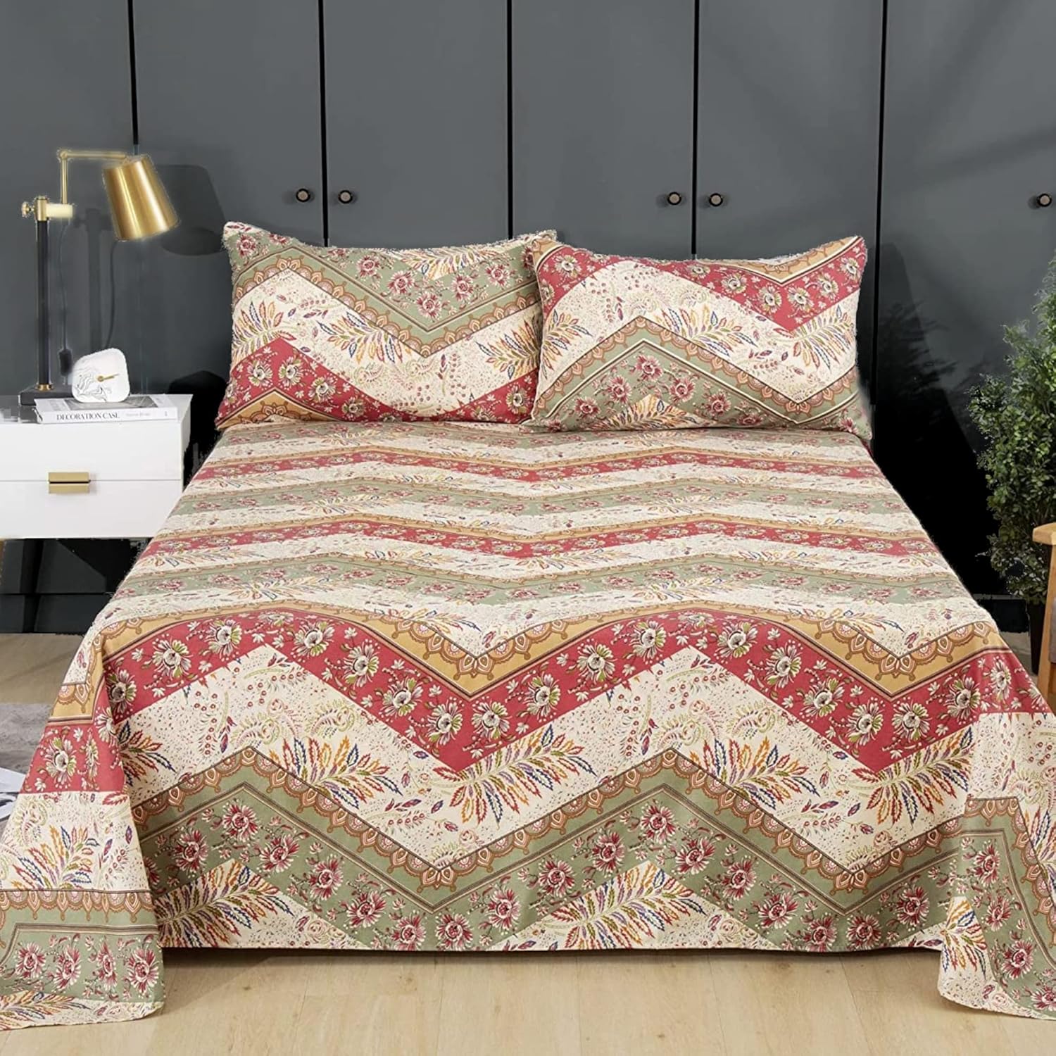 DaDalogy Bedding – Sábana encimera botánica floral solo con 2 fundas de almohada, patrón de filigrana de cachemira cheurón bohemio, colorido,