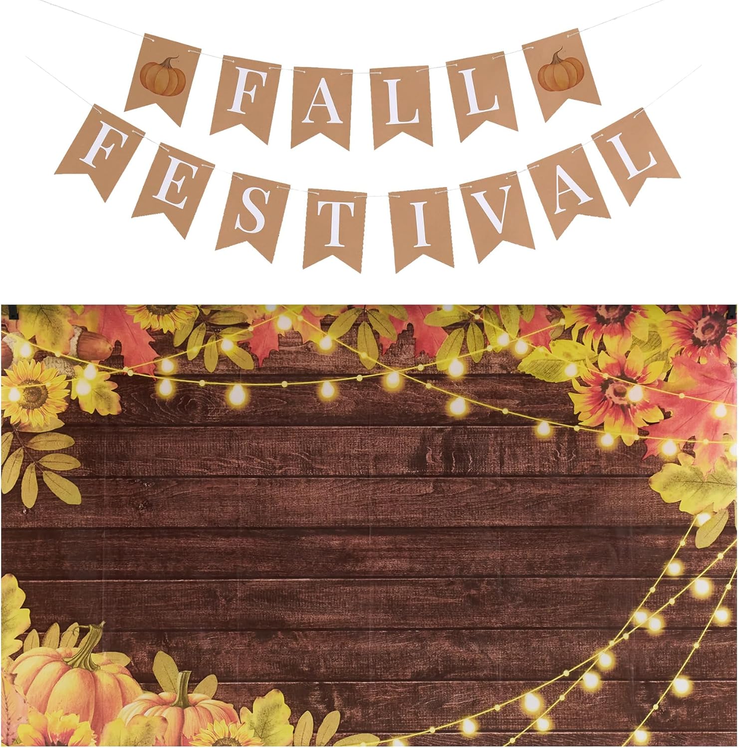 Funnytree Kit de accesorios de decoración para festivales de otoño, telón de fondo de 5.9 x 3.6 pies, tarjetas, cinta, globo, juego de suministros