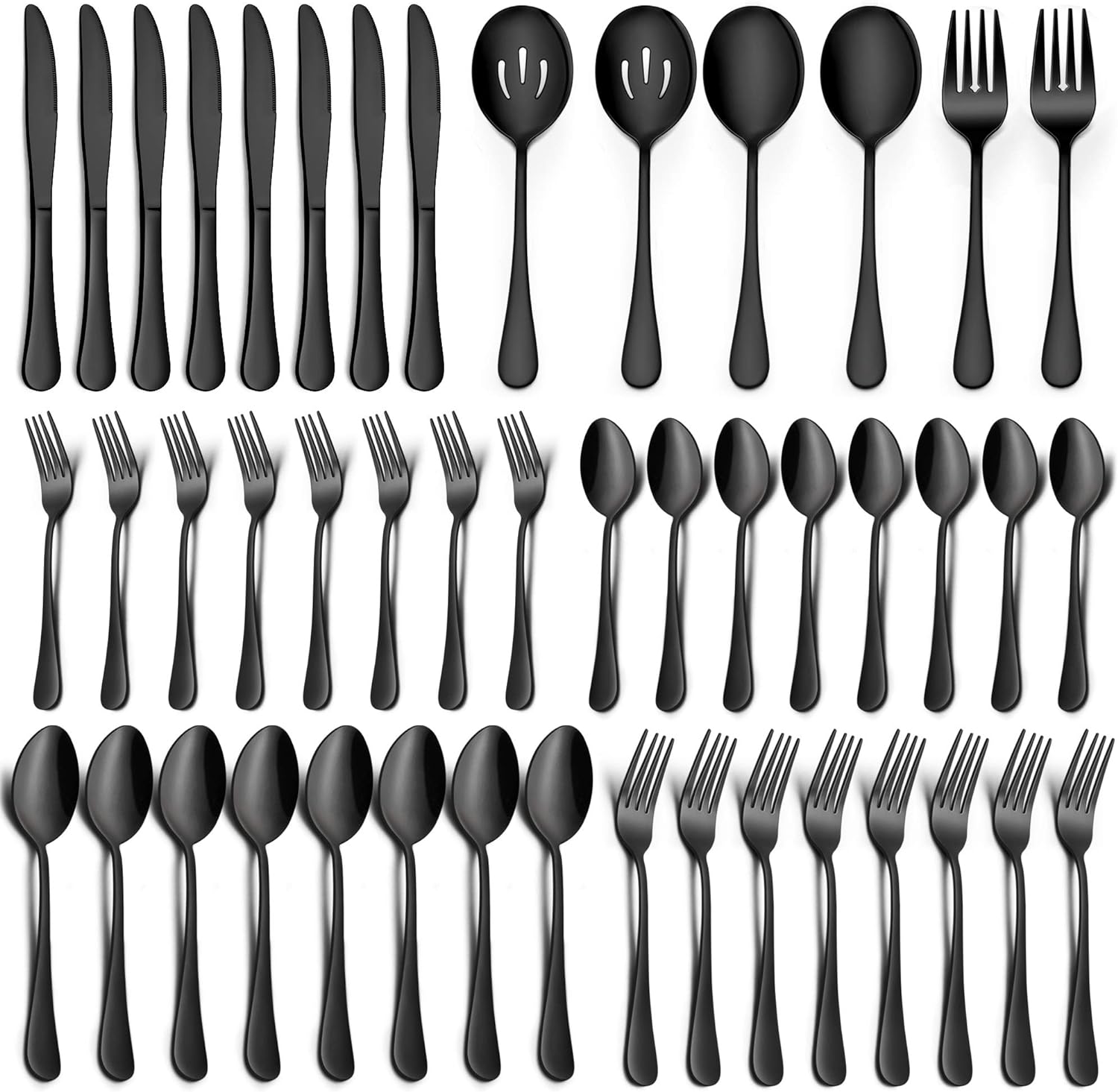 LIANYU Juego de cubiertos negros de 46 piezas para 8, cubiertos de acero inoxidable con utensilios de servir, cubiertos elegantes que incluye