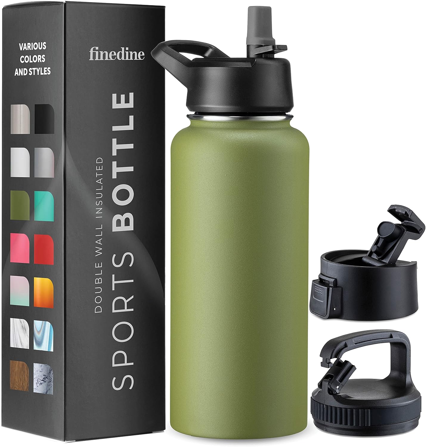 FineDine – Botella de agua de acero inoxidable con tapa de pajilla, tapa abatible, tapa de boca ancha (32 oz), botellas de agua aisladas, mantiene