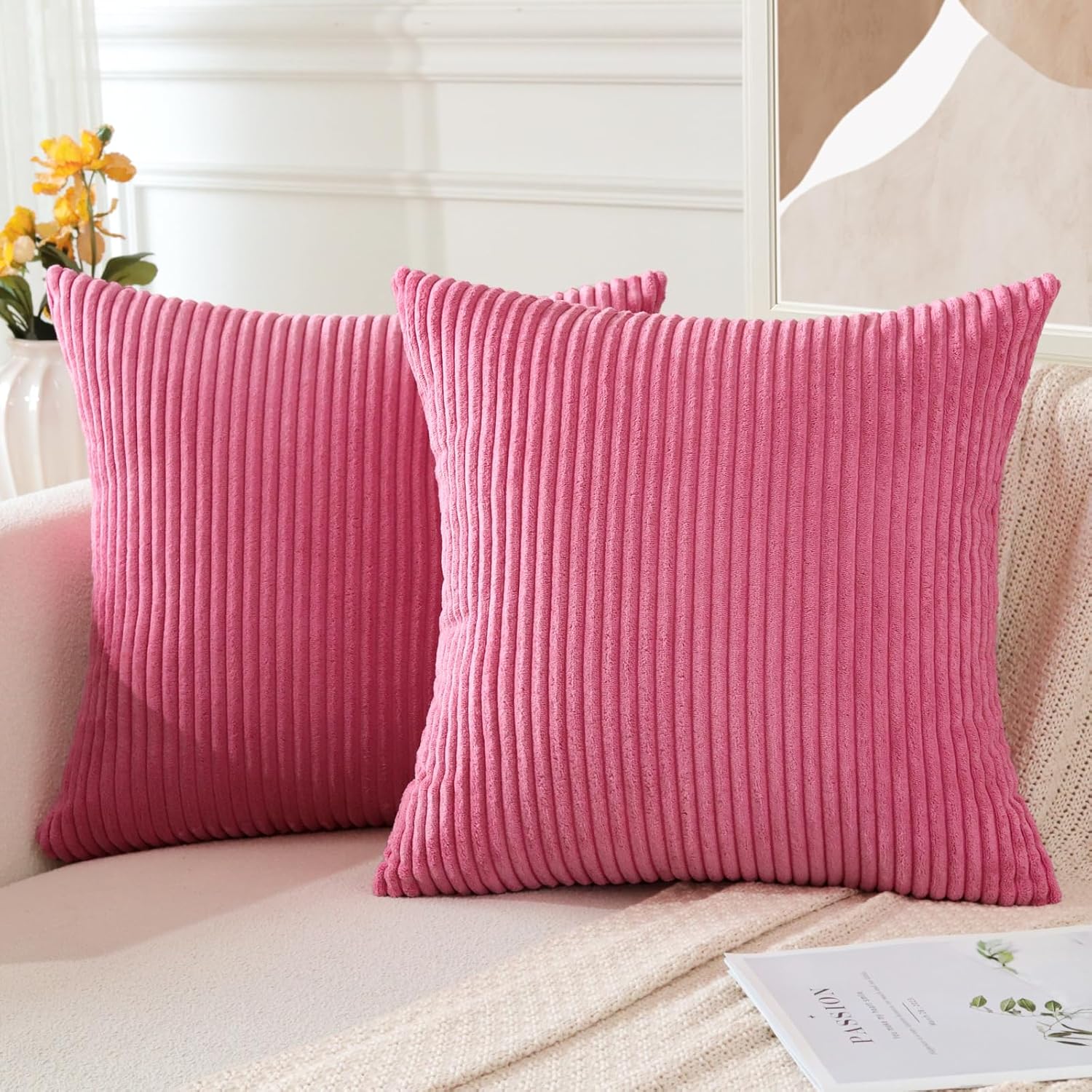 OTOSTAR Juego de 2 fundas de almohada decorativas de pana de 24 x 24 pulgadas, funda de cojín suave a rayas para decoración del hogar, casa rural,