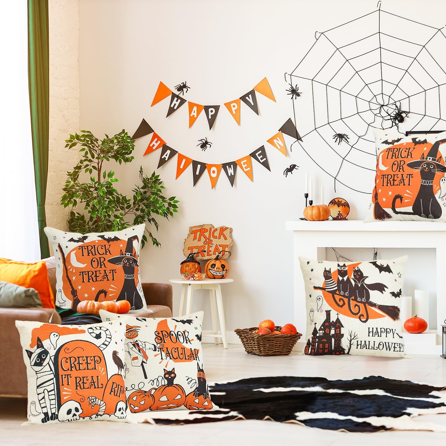 Sioloc Fundas de almohada de Halloween de 18 x 18 pulgadas con 4, decoraciones de Halloween, casa de campo de bruja de calabaza, decoración festiva