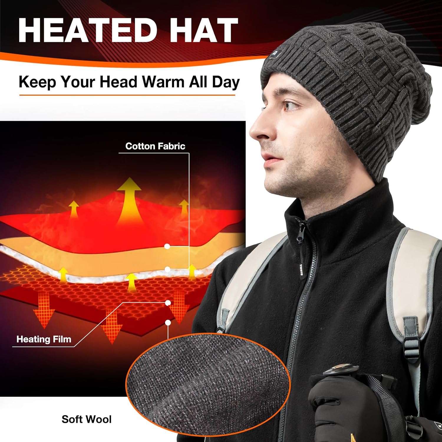 DUKUSEEK Heated Hat, Electric Winter Heated Beanie Hat with 7.4V Rechargeable Battery for Men Women Grey Black