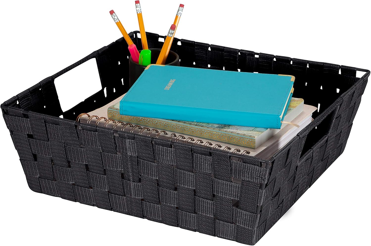 Simplify Cesta rectangular de acero aleado de 15 x 13 x 5 pulgadas con 2 asas de transporte integradas, color negro