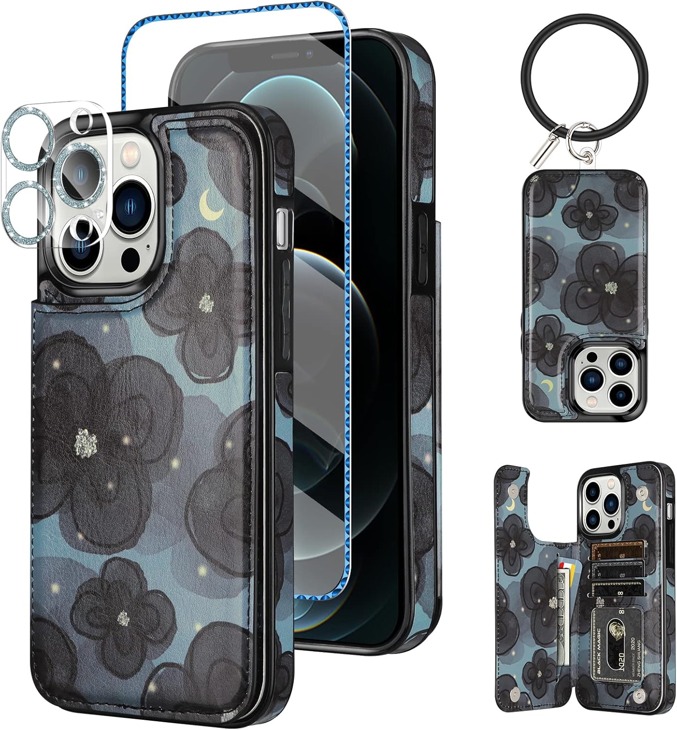 HianDier Funda tipo cartera para iPhone 12 Pro MAX con pulsera, protector de pantalla + funda para cámara, con ranura para tarjeta de crédito, funda