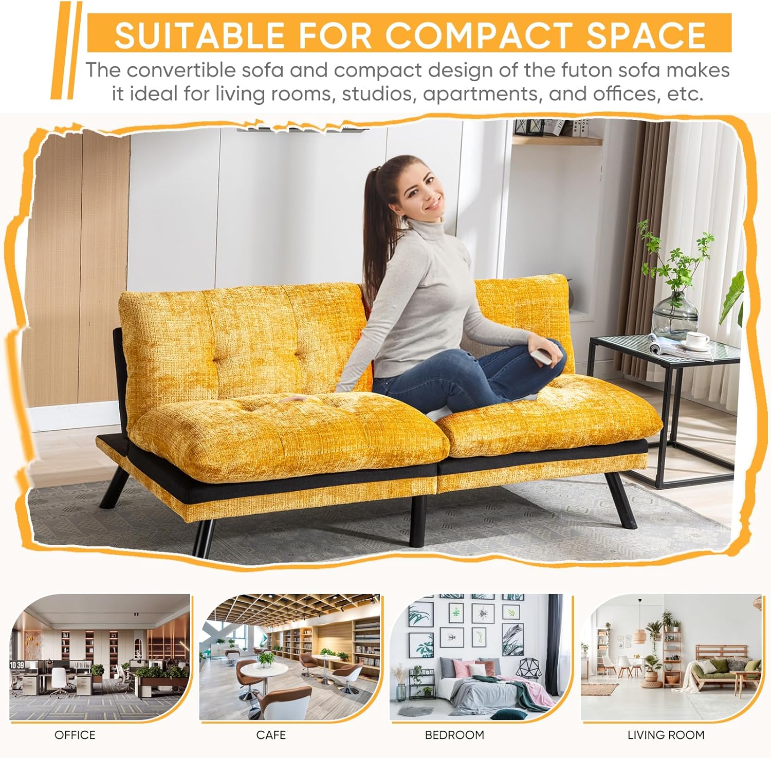 Sofá cama futón, sofá cama convertible de espuma viscoelástica, sofá biplaza pequeño con respaldo dividido para sala de estar, moderno asiento de