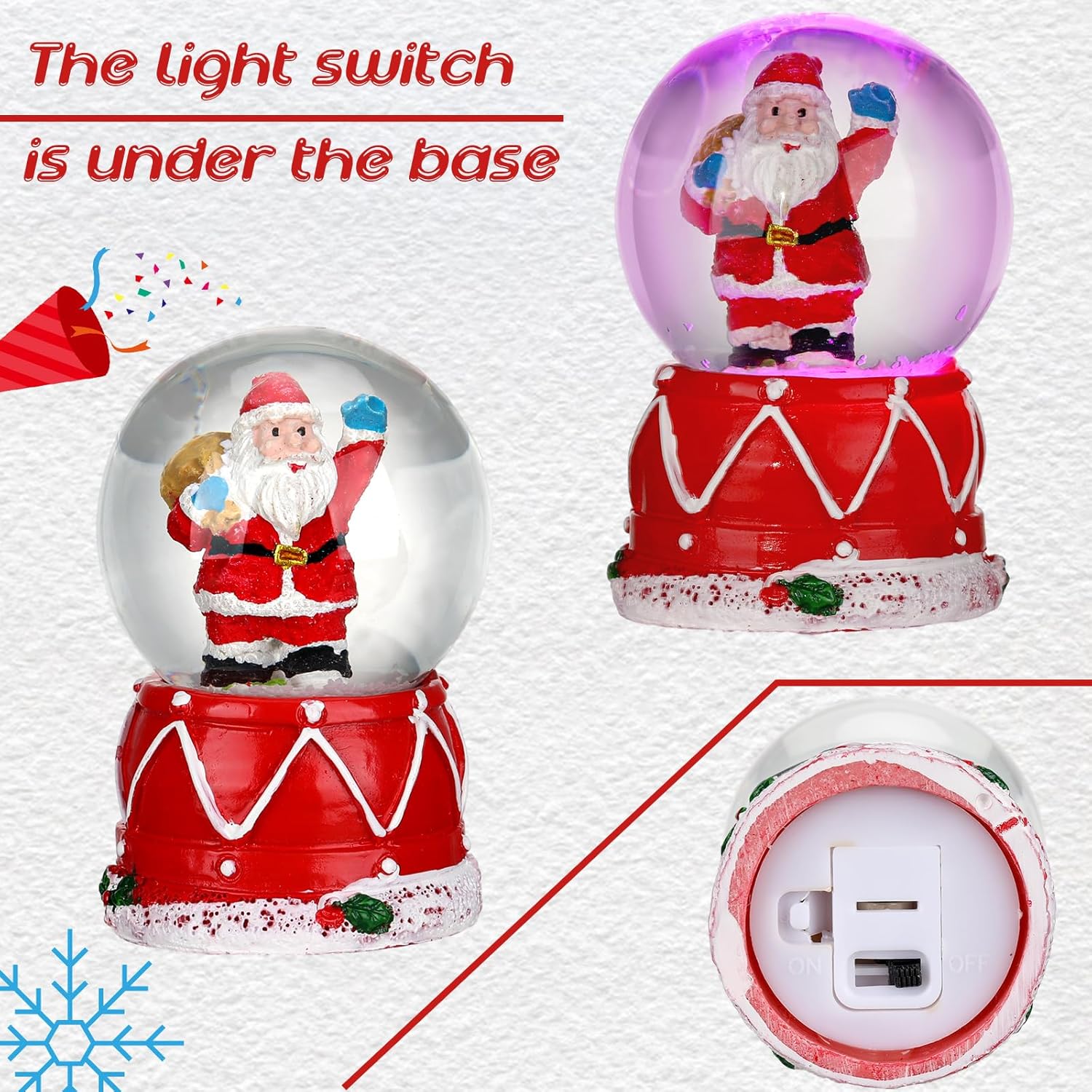 Hiboom 3 globos de nieve pequeños de Navidad, luces LED, árbol de Navidad de Papá Noel y muñeco de nieve, bolas de cristal ligeras, alimentadas con