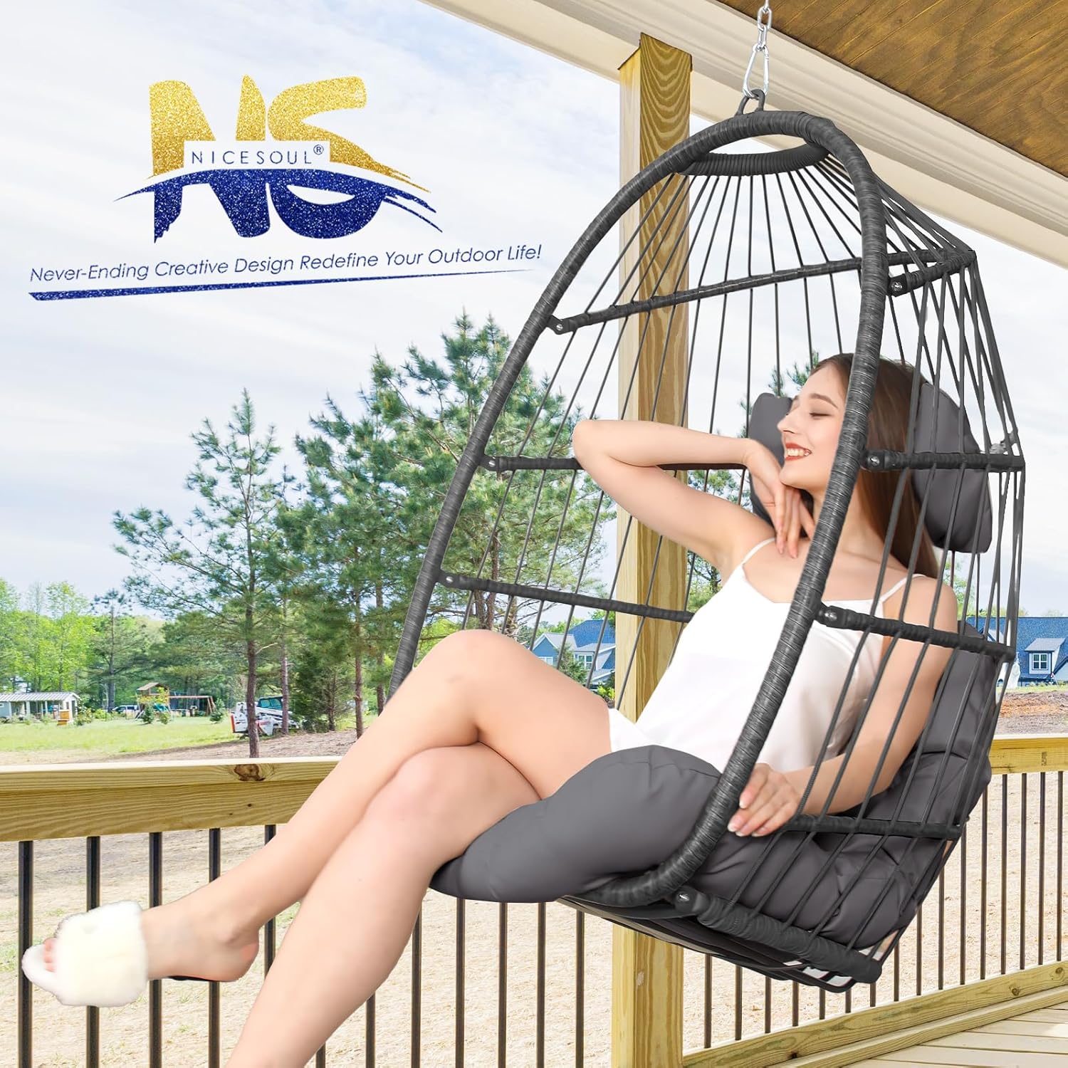 NICESOUL Silla colgante de mimbre para patio interior y exterior, hamaca con cesta de huevos, cojines resistentes a los rayos UV, capacidad de 265