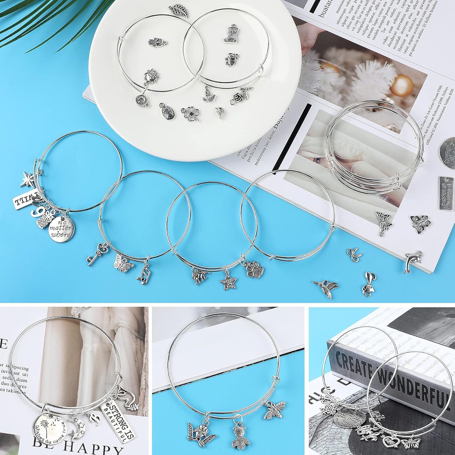 UPINS – Kit de 544 piezas para hacer aretes de pulsera, brazaletes en blanco expandibles con dijes, colgantes de plata tibetana, ganchos para