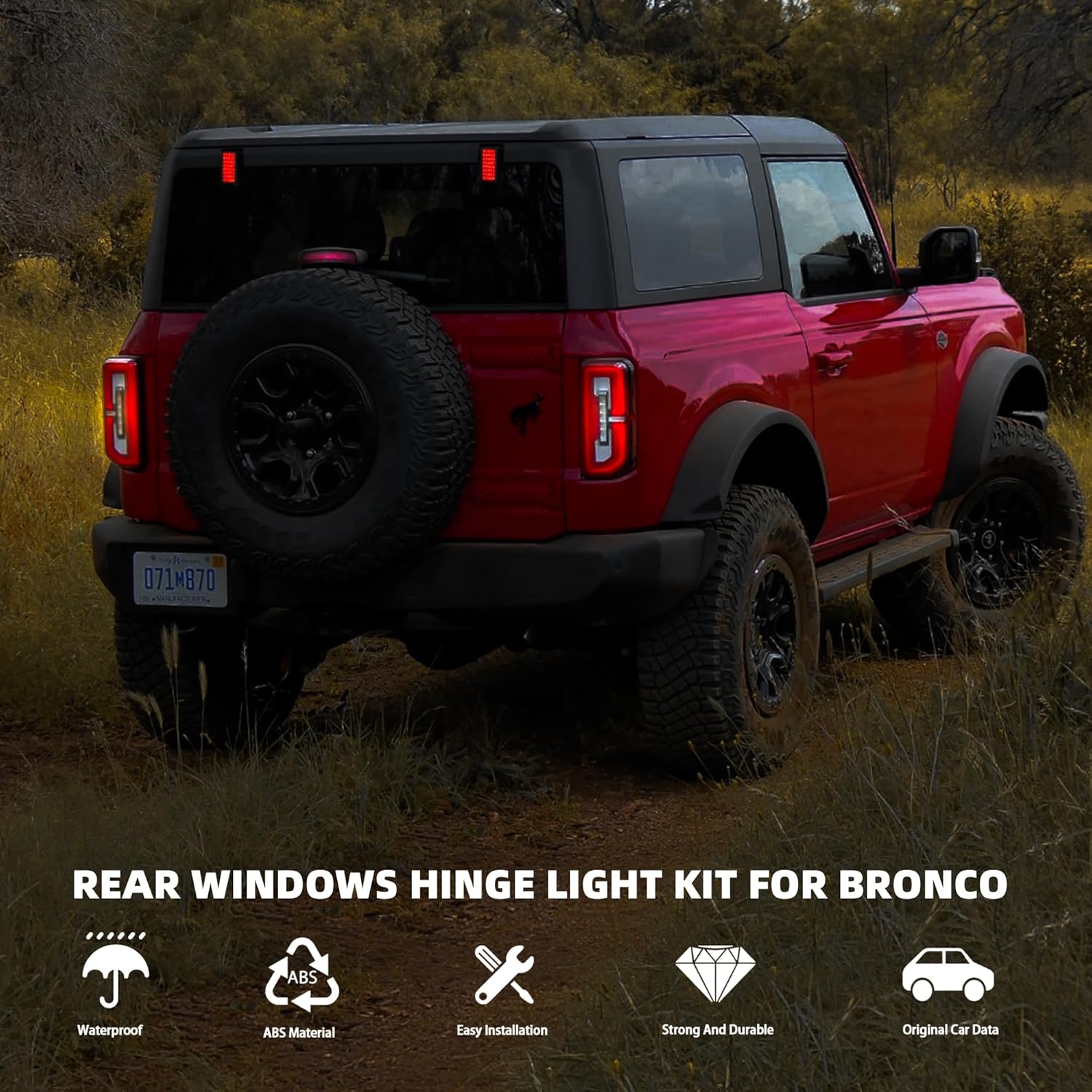 Luces de bisagra de ventana trasera Bronco, luz de freno de montaje alto Plug & Play, luz de marcha atrás, lámpara trasera IP67, impermeable,