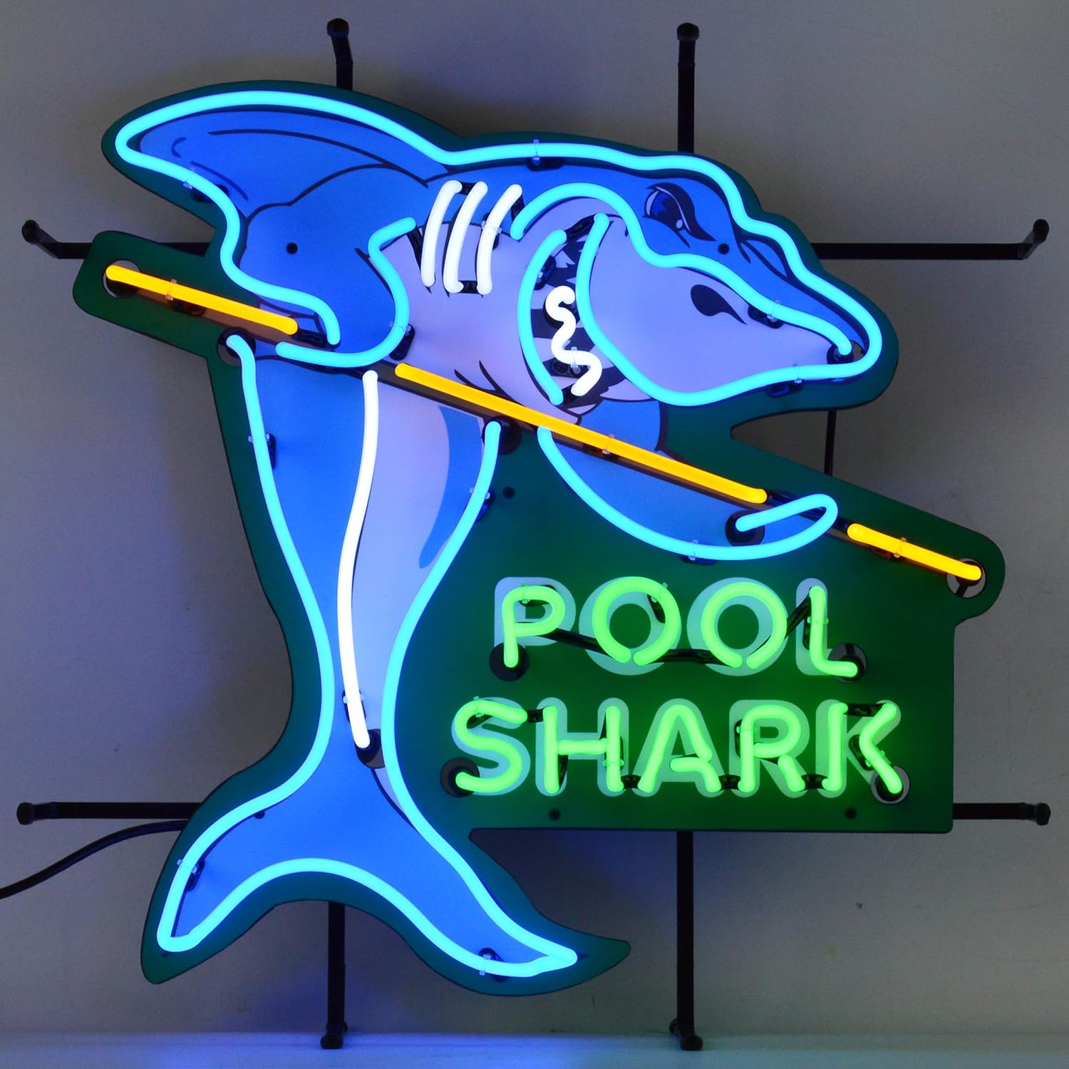 Cartel de neón de Pool Shark con respaldo, tubos de vidrio real soplados a mano, verde, amarillo, blanco y azul, mide 24 pulgadas de ancho por 24