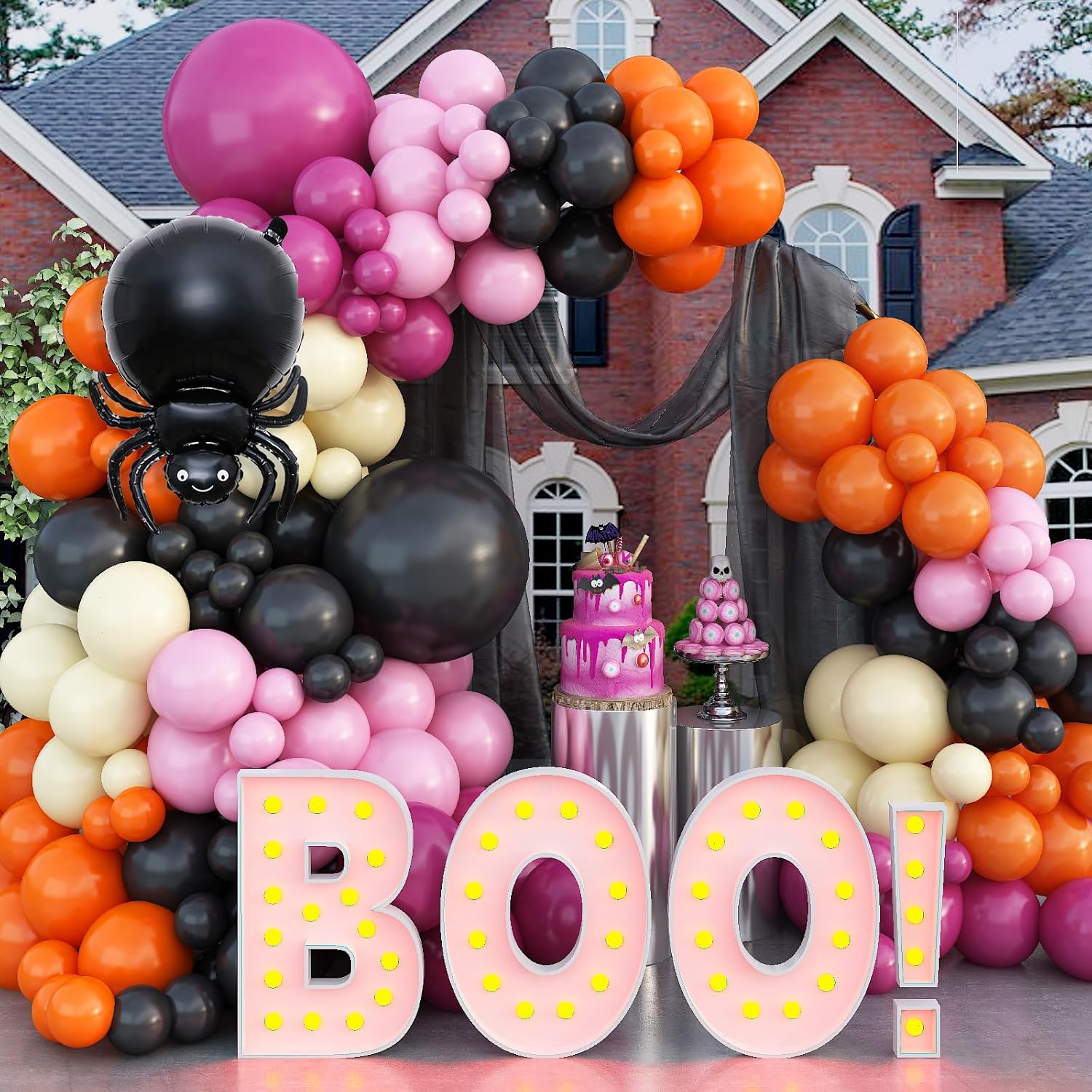 Kit de guirnalda de globos de Halloween, kit de arco de globos de Halloween negro, naranja, rosa, con globo amarillo pastel, araña, fantasma,