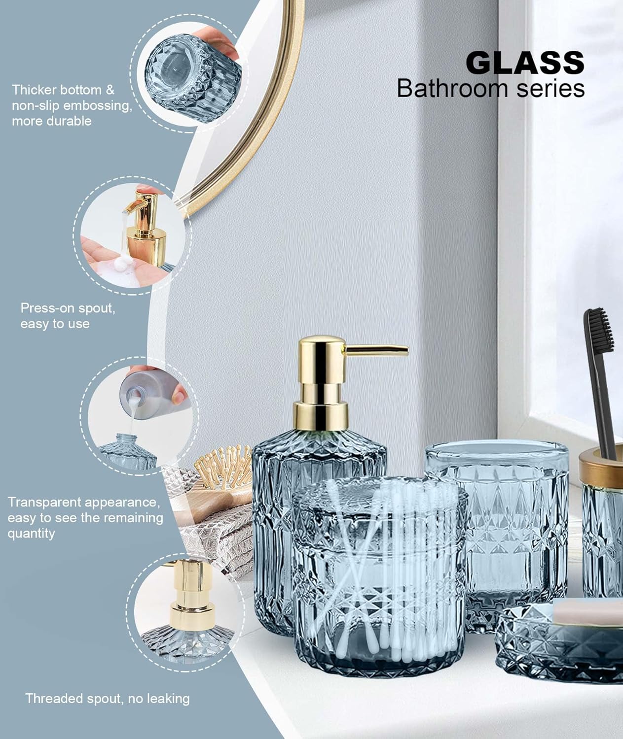 Juego completo de 5 piezas de accesorios de baño azules, soporte para cepillo de dientes, vaso, dispensador de loción, jabonera, tarros de hisopos