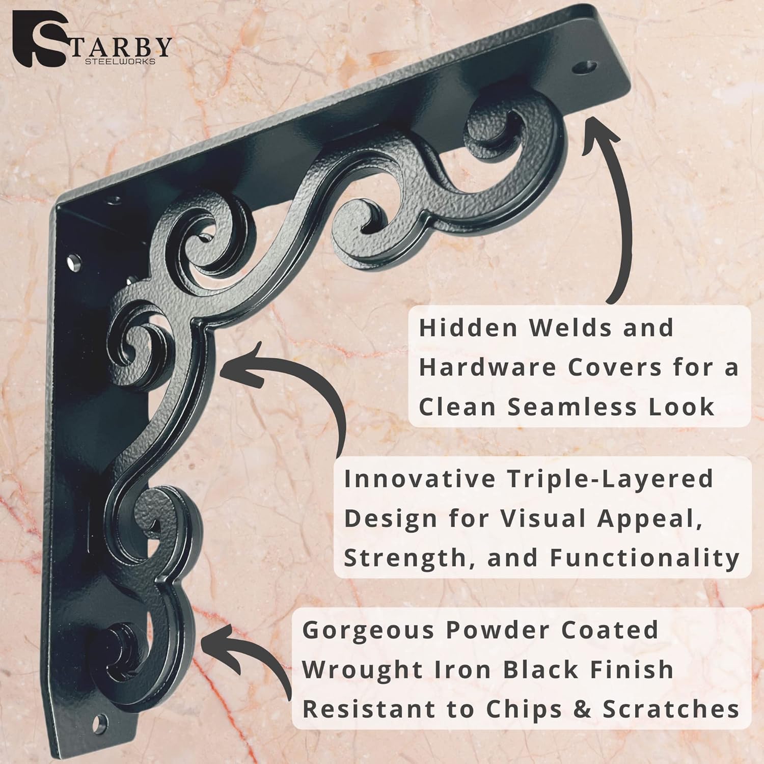 Starby Soportes de estante negros resistentes  Soporte de pared de hierro para encimera, chimenea de chimenea, estantes, hierro forjado negro  acero