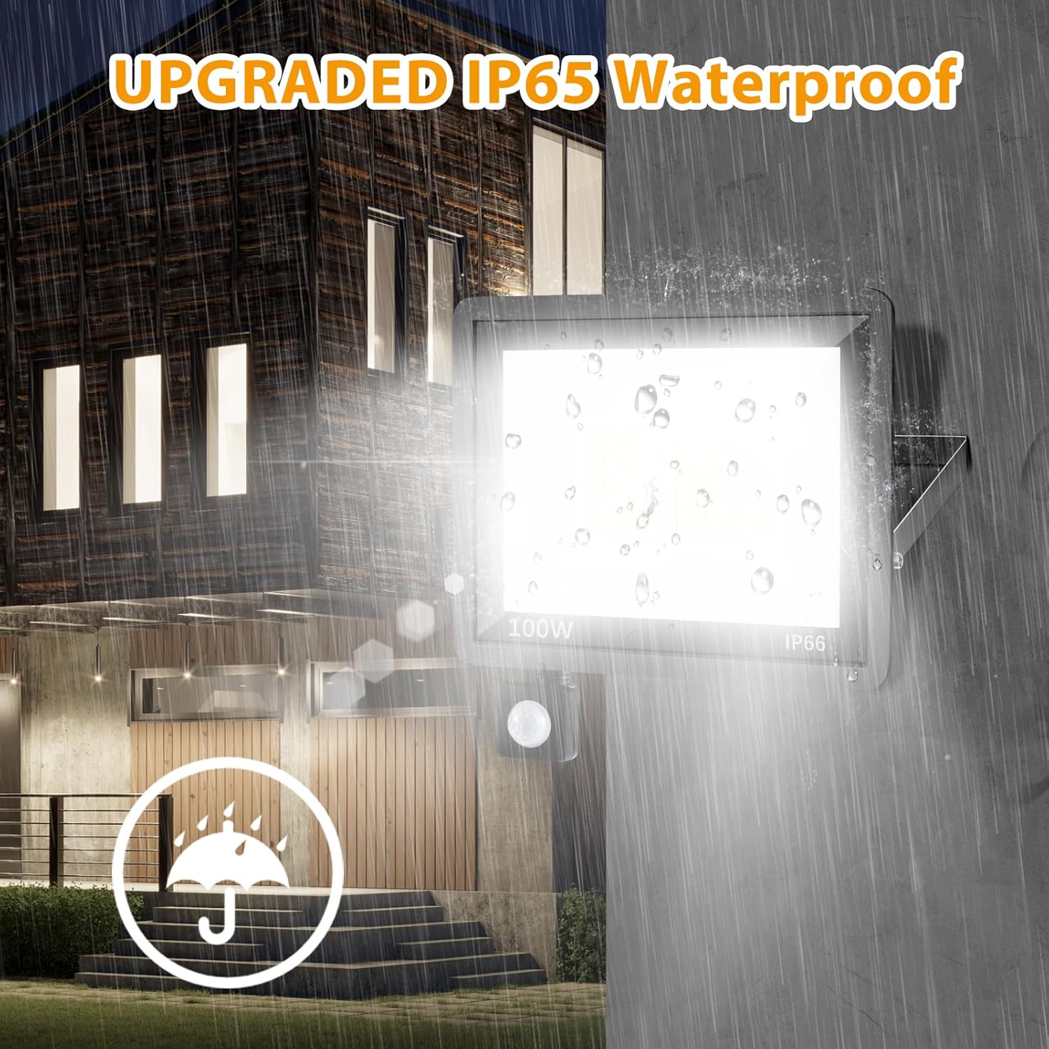 Paquete de 2 luces LED de 100 W con sensor de movimiento, luz de trabajo LED con enchufe, reflectores impermeables IP66 para exteriores, 5000 K, luz