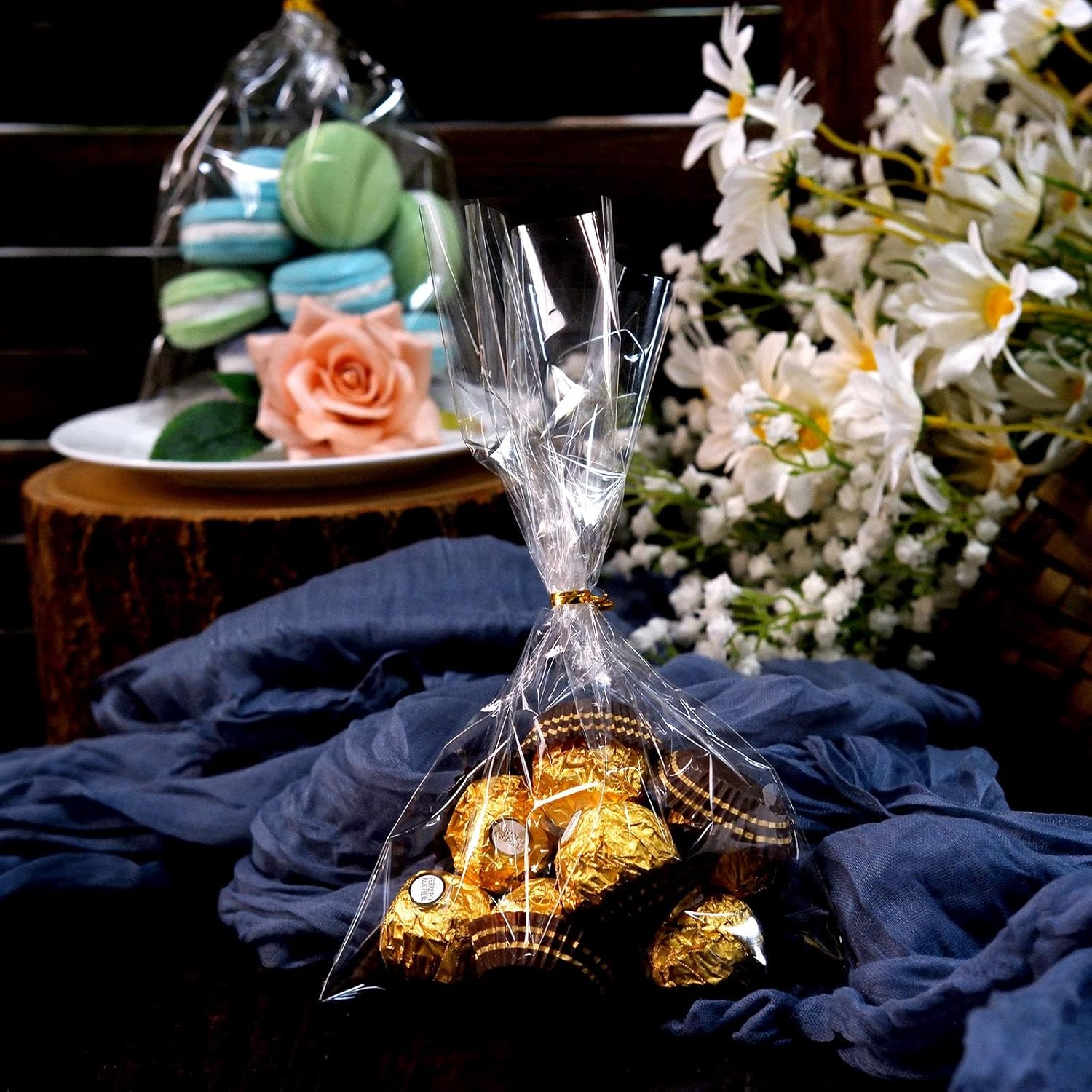 Efavormart – 100 bolsas de celofán transparente de 6 x 10 pulgadas con lazos metálicos dorados, bolsas de dulces para dulces, panadería, galletas,