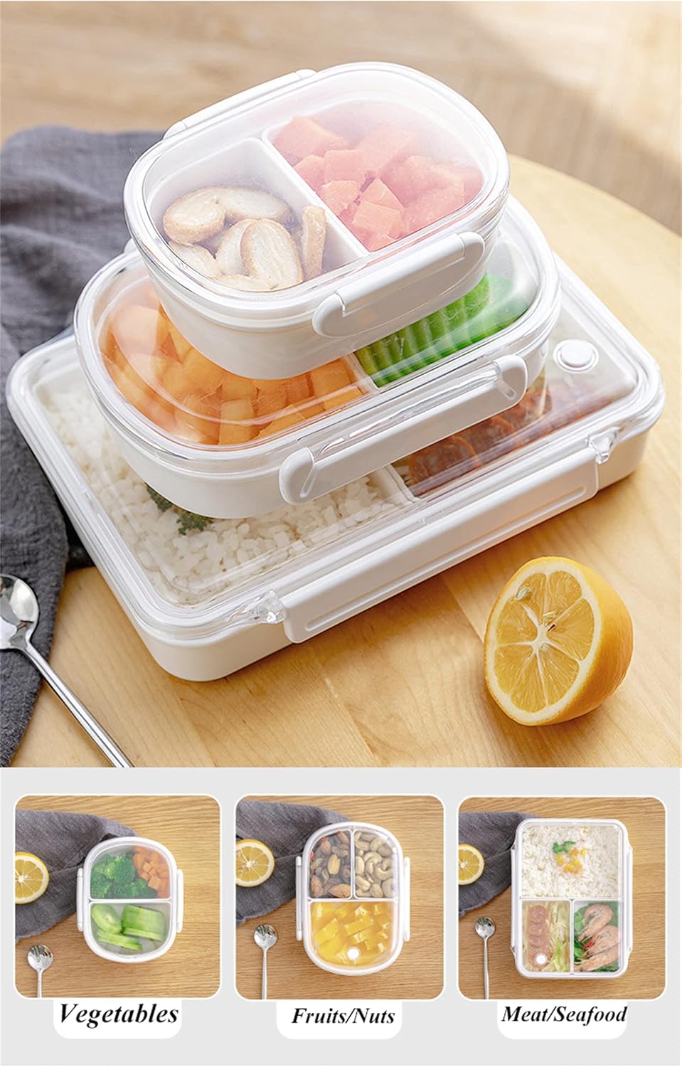 Lonchera dividida, 3 compartimentos para preparar comidas para niños y adultos, contenedores de almacenamiento de alimentos para la escuela,